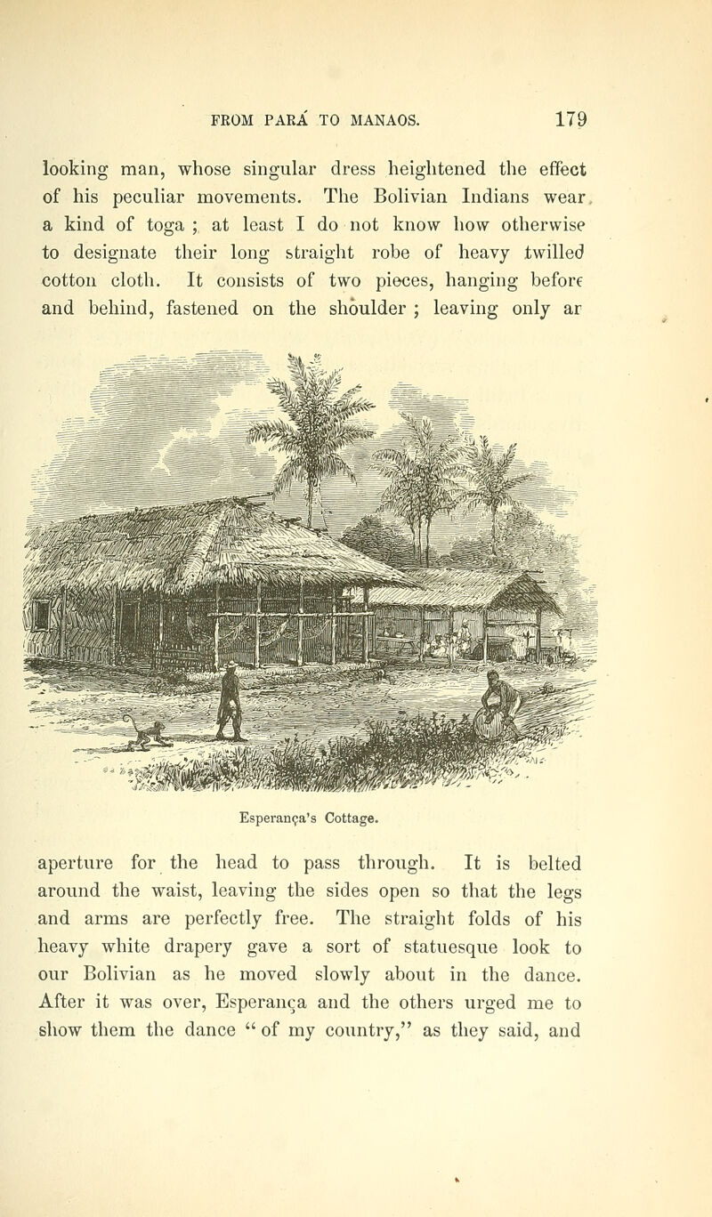 looking man, whose singular dress heightened the effect of his peculiar movements. The Bolivian Indians wear. a kind of toga ; at least I do not know how otherwise to designate their long straight robe of heavy twilled cotton cloth. It consists of two pieces, hanging before and behind, fastened on the shoulder ; leaving only ar Esperancja's Cottage. aperture for the head to pass through. It is belted around the waist, leaving the sides open so that the legs and arms are perfectly free. The straight folds of his heavy white drapery gave a sort of statuesque look to our Bolivian as he moved slowly about in the dance. After it was over, Esperanca and the others urged me to show them the dance  of my country, as they said, and