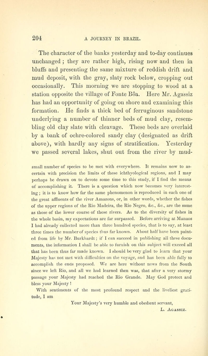 The character of the banks yesterday and to-day continues unchanged ; they are rather high, rising now and then in bluffs and presenting the same mixture of reddish drift and. mud deposit, with the gray, slaty rock below, cropping out occasiona;lly. This morning we are stopping to wood at a station opposite the village of Fonte B6a. Here Mr. Agassiz has had an opportunity of going on shore and examining this formation. He finds a thick bed of ferruginous sandstone underlying a number of thinner beds of mud clay, resem- bling old clay slate with cleavage. These beds are overlaid by a bank of ochre-colored sandy clay (designated as drift above), with hardly any signs of stratification. Yesterday we passed several lakes, shut out from the river by mud- small number of species to be met with everywhere. It remains now to as- certain with precision the limits of these ichthyological regions, and I may perhaps be drawn on to devote some time to this study, if I find the means of accomplishing it. There is a question which now becomes very interest- ing ; it is to know how far the same phenomenon is reproduced in each one of the great affluents of the river Amazons, or, in other words, whether the fishes of the upper regions of the Rio Madeira, the Rio Negro, &c., &c., are the same as those of the lower course of these rivers. As to the diversity of fishes in the whole basin, my expectations are far surpassed. Before arriving at Manaos I had already collected more than three hundred species, that is to say, at least three times the number of species thus far known. About half have been paint- ed from life by Mr. Burkhardt; if I can succeed in publishing all these docu- ments, the information I shall be able to furnish on this subject will exceed all that has been thus far made known. 1 should be very glad to learn that your Majesty has not met with difficulties on the voyage, and has been able fully to accomplish the ends proposed. We are here without news from the South since we left Rio, and all we had learned then was, that after a very stormy passage your Majesty had reached the Rio Grande. May God protect and bless your Majesty! With sentiments of the most profound respect and the liveliest grati- tude, I am Your Majesty's very humble and obedient servant, L. Agassiz.