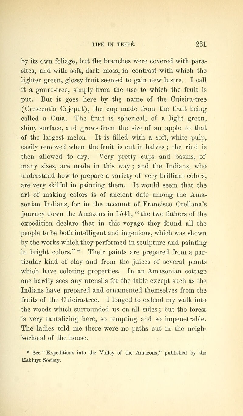 by its own foliage, but the branches were covered with para- sites, and witli soft, dark moss, in contrast with which the lighter green, glossy fruit seemed to gain new lustre. I call it a gourd-tree, simply from the use to which the fruit is put. But it goes here by th^ name of the Cuieira-tree (Crescentia Cajeput), the cup made from the fruit being called a Cuia. The fruit is spherical, of a light green, shiny surface, and grows from the size of an apple to that of the largest melon. It is filled with a soft, white pulp, easily removed when the fruit is cut in halves ; the rind is then allowed to dry. Yery pretty cups and basins, of many sizes, are made in this way; and the Indians, who understand how to prepare a variety of very brilliant colors, are very skilful in painting them. It would seem that the art of making colors is of ancient date among the Ama- zonian Indians, for in the account of Francisco Orellana's journey down the Amazons in 1541,  the two fathers of the expedition declare that in this voyage they found all the people to be both intelligent and ingenious, which was shown by the works which they performed in sculpture and painting in bright colors. * Their paints are prepared from a par- ticular kind of clay and from the juices of several plants which have coloring properties. In an Amazonian cottage one hardly sees any utensils for the table except such as the Indians have prepared and ornamented themselves from the fruits of the Cuieira-tree. I longed to extend my walk into the woods which surrounded us on all sides ; but the forest is very tantalizing here, so tempting and so impenetrable. The ladies told me there were no paths cut in the neigh- borhood of the house. * See  Expeditions into the Valley of the Amazons, published by the ilakluyt Society.
