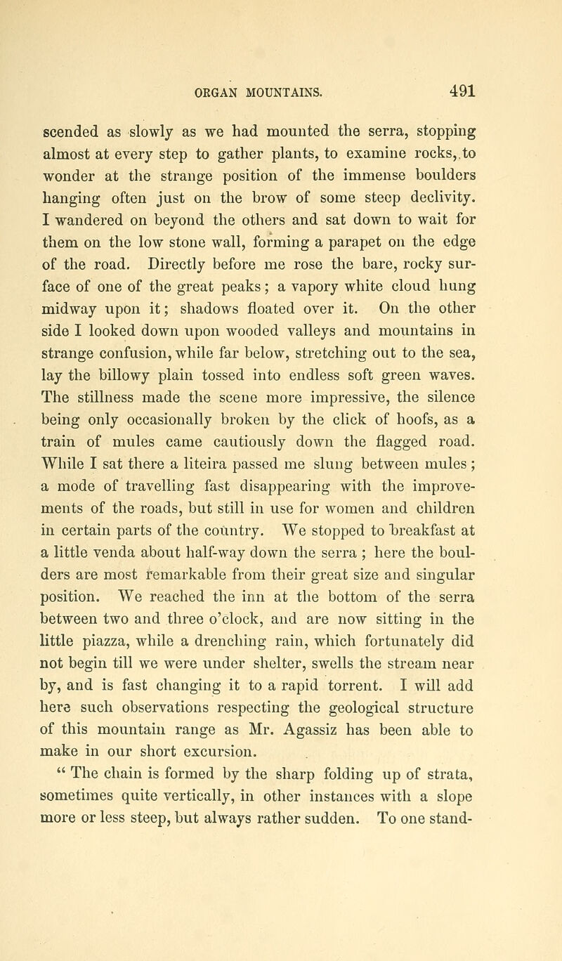 scended as slowly as we had mounted the serra, stopping almost at every step to gather plants, to examine rocks,.to wonder at the strange position of the immense boulders hanging often just on the brow of some steep declivity. I wandered on beyond the others and sat down to wait for them on the low stone wall, forming a parapet on the edge of the road. Directly before me rose the bare, rocky sur- face of one of the great peaks; a vapory white cloud hung midway upon it; shadows floated over it. On the other side I looked down upon wooded valleys and mountains in strange confusion, while far below, stretching out to the sea, lay the billowy plain tossed into endless soft green waves. The stillness made the scene more impressive, the silence being only occasionally broken by the click of hoofs, as a train of mules came cautiously down the flagged road. While I sat there a liteira passed me slung between mules ; a mode of travelling fast disappearing with the improve- ments of the roads, but still in use for women and children in certain parts of the country. We stopped to hreakfast at a little venda about half-way down the serra ; here the boul- ders are most remarkable from their great size and singular position. We reached the inn at the bottom of the serra between two and three o'clock, and are now sitting in the little piazza, while a drenching rain, which fortunately did not begin till we were under shelter, swells the stream near by, and is fast changing it to a rapid torrent. I will add here such observations respecting the geological structure of this mountain range as Mr. Agassiz has been able to make in our short excursion.  The chain is formed by the sharp folding up of strata, sometimes quite vertically, in other instances with a slope more or less steep, but always rather sudden. To one stand-