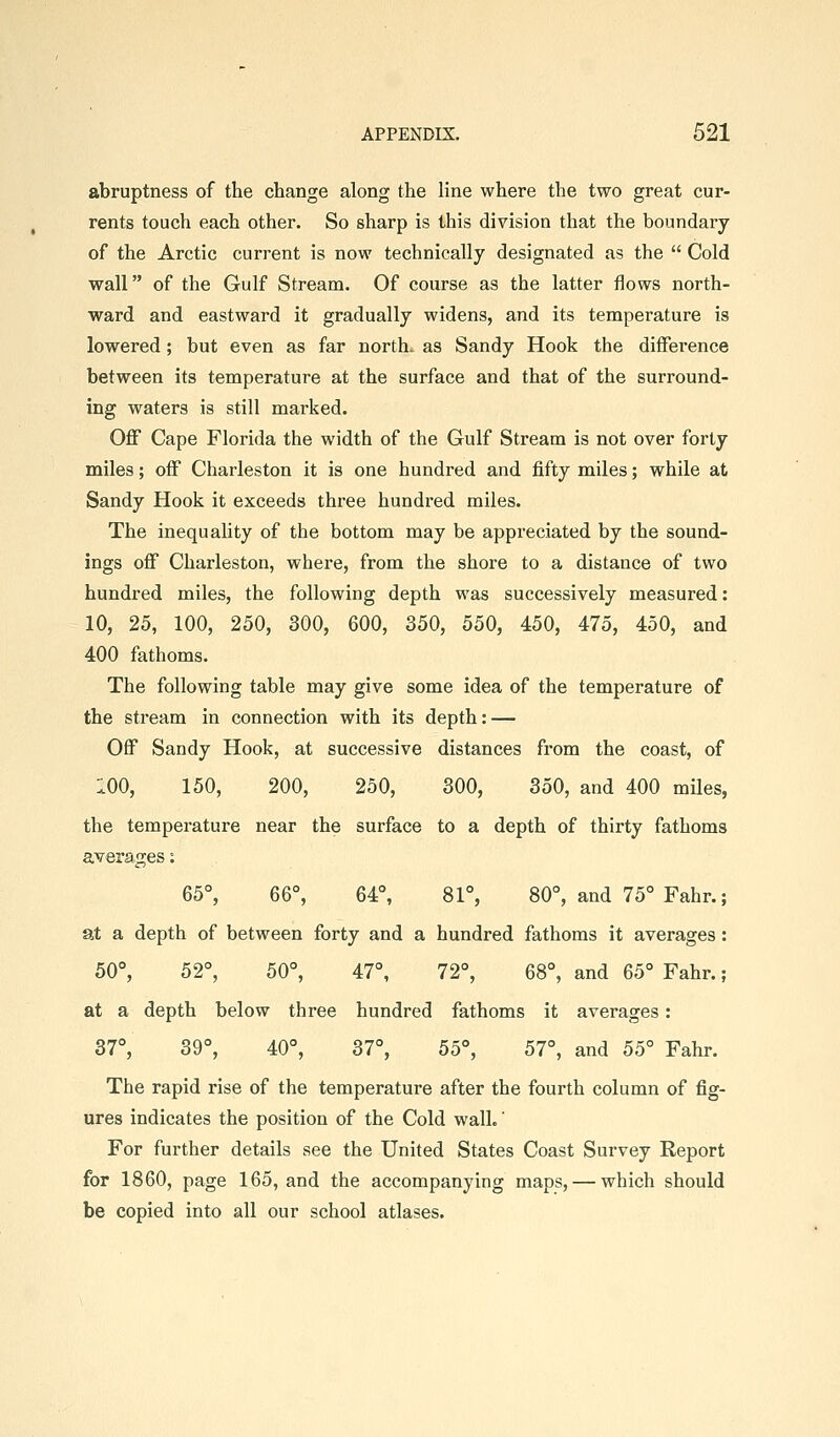 abruptness of the change along the line where the two great cur- rents touch each other. So sharp is this division that the boundary of the Arctic current is now technically designated as the  Cold wall of the Gulf Stream. Of course as the latter flows north- ward and eastward it gradually widens, and its temperature is lowered; but even as far north, as Sandy Hook the difference between its temperature at the surface and that of the surround- ing waters is still marked. OflT Cape Florida the width of the Gulf Stream is not over forty miles; off Charleston it is one hundred and fifty miles; while at Sandy Hook it exceeds three hundred miles. The inequality of the bottom may be appreciated by the sound- ings off Charleston, where, from the shore to a distance of two hundred miles, the following depth was successively measured: 10, 25, 100, 250, 300, 600, 350, 550, 450, 475, 450, and 400 fathoms. The following table may give some idea of the temperature of the stream in connection with its depth: — Off Sandy Hook, at successive distances from the coast, of :00, 150, 200, 250, 300, 350, and 400 mUes, the temperature near the surface to a depth of thirty fathoms averages: 65°, 66°, 64°, 81°, 80°, and 75° Fahr.; at a depth of between forty and a hundred fathoms it averages: 50°, 52°, 50°, 47°, 72°, 68°, and 65° Fahr.; at a depth below three hundred fathoms it averages: 37°, 39°, 40°, 37°, 55°, 57°, and 55° Fahr. The rapid rise of the temperature after the fourth column of fig- ures indicates the position of the Cold wall.' For further details see the United States Coast Survey Eeport for 1860, page 165, and the accompanying maps, — which should be copied into all our school atlases.
