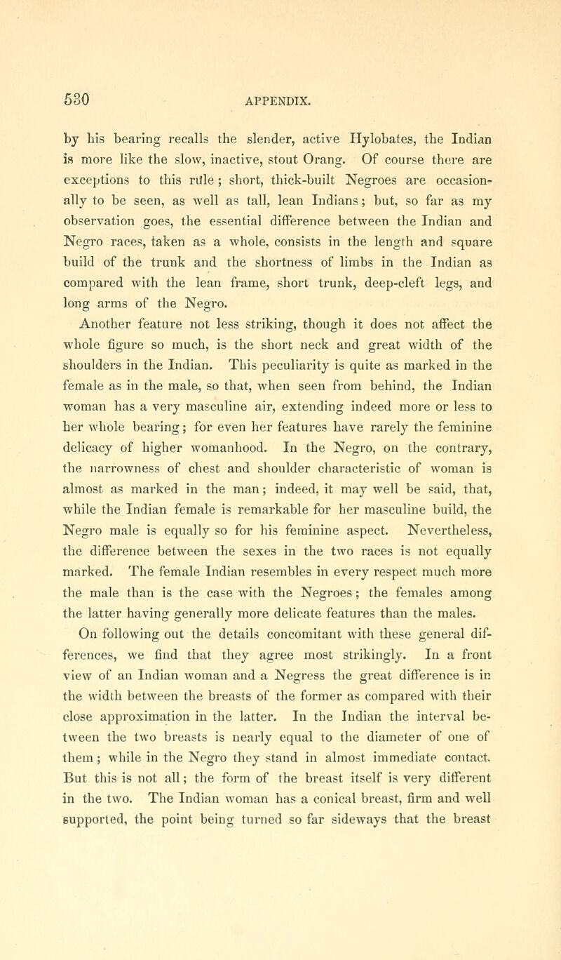 by Ms bearing recalls the slender, active Hylobates, the Indian is more like the slow, inactive, stout Orang. Of course there are exceptions to this rUle ; short, thick-built Negroes are occasion- ally to be seen, as well as tall, lean Indians; but, so far as my observation goes, the essential difference between the Indian and Negro races, taken as a whole, consists in the length and square build of the trunk and the shortness of limbs in the Indian as compared with the lean frame, short trunk, deep-cleft legs, and long arms of the Negro. Another feature not less striking, though it does not affect the ■whole figure so much, is the short neck and great width of the shoulders in the Indian. This peculiarity is quite as marked in the female as in the male, so that, when seen from behind, the Indian woman has a very masculine air, extending indeed more or less to her whole bearing; for even her features have rarely the feminine delicacy of higher womanhood. In the Negro, on the contrary, the narrowness of chest and shoulder characteristic of woman is almost as marked in the man; indeed, it may well be said, that, ■while the Indian female is remarkable for her masculine build, the Negro male is equally so for his feminine aspect. Nevertheless, the difference between the sexes in the two races is not equally marked. The female Indian resembles in every respect much more the male than is the case with the Negroes; the females among the latter having generally more delicate features than the males. On following out the details concomitant with these general dif- ferences, we find that they agree most strikingly. In a front view of an Indian woman and a Negress the great difference is in the width between the breasts of the former as compared with their close approximation in the latter. In the Indian the interval be- tween the two breasts is nearly equal to the diameter of one of them; while in the Negro they stand in almost immediate contact But this is not all; the form of the breast itself is very different in the two. The Indian woman has a conical breast, firm and well supported, the point being turned so far sideways that the breast