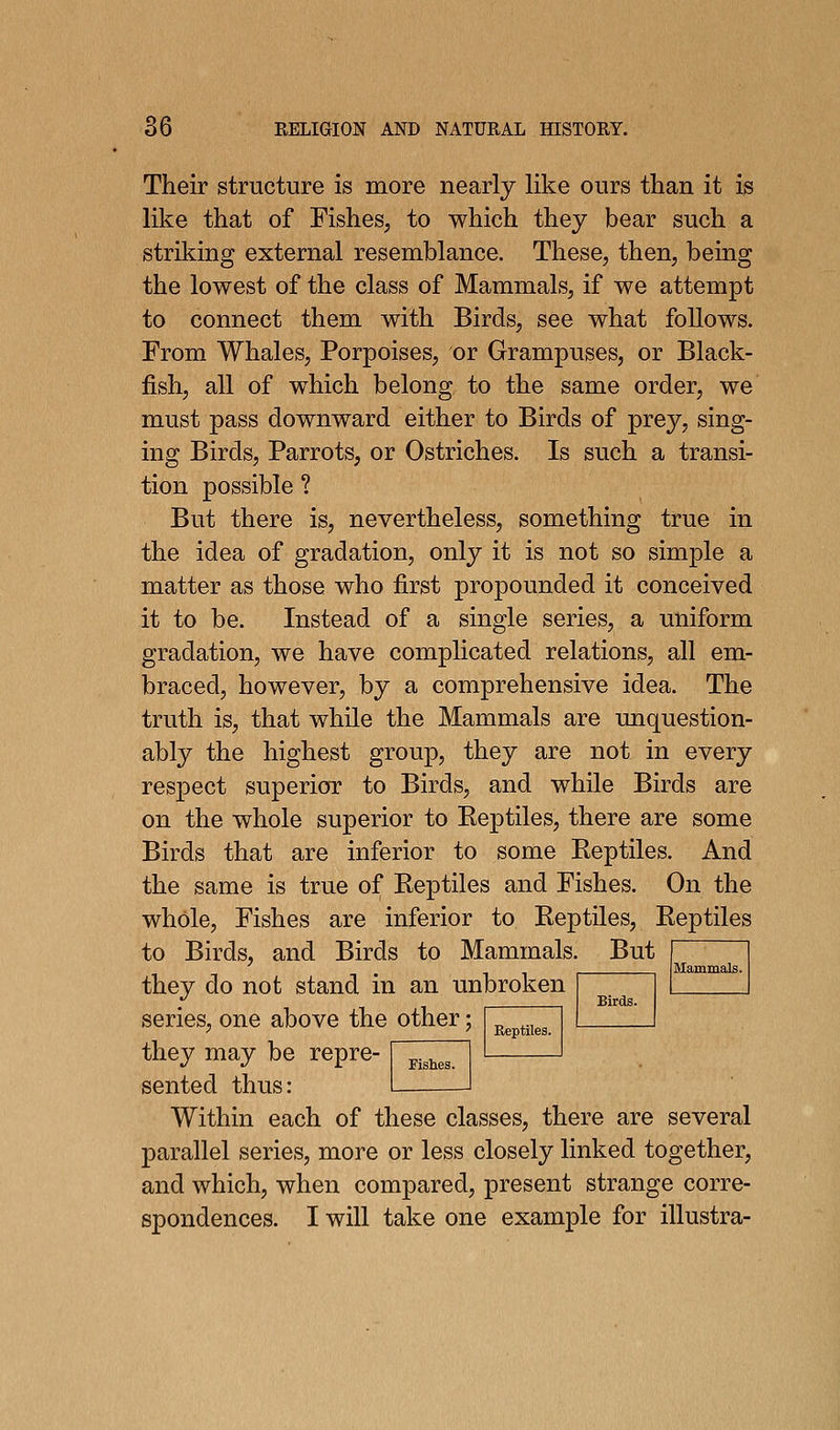 Their structure is more nearly like ours than it is like that of Fishes, to which they bear such a striking external resemblance. These, then, being the lowest of the class of Mammals, if we attempt to connect them with Birds, see what follows. From Whales, Porpoises, or Grampuses, or Black- fish, all of which belong to the same order, we must pass downward either to Birds of prey, sing- ing Birds, Parrots, or Ostriches. Is such a transi- tion possible ? But there is, nevertheless, something true in the idea of gradation, only it is not so simple a matter as those who first propounded it conceived it to be. Instead of a single series, a uniform gradation, we have complicated relations, all em- braced, however, by a comprehensive idea. The truth is, that while the Mammals are rmquestion- ably the highest group, they are not in every respect superior to Birds, and while Birds are on the whole superior to Eeptiles, there are some Birds that are inferior to some Eeptiles. And the same is true of Reptiles and Fishes. On the whole, Fishes are inferior to Reptiles, Eeptiles to Birds, and Birds to Mammals. But they do not stand in an unbroken series, one above the other; they may be repre sented thus: Eeptiles. Birds. Mammals. Within each of these classes, there are several parallel series, more or less closely linked together, and which, when compared, present strange corre- spondences. I will take one example for illustra-