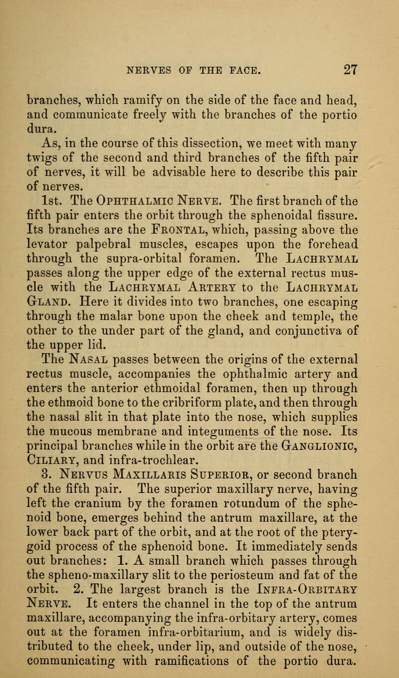 branches, which ramify on the side of the face and head, and communicate freely with the branches of the portio dura. As, in the course of this dissection, we meet with many twigs of the second and third branches of the fifth pair of nerves, it will be advisable here to describe this pair of nerves. 1st. The Ophthalmic Nerve. The first branch of the fifth pair enters the orbit through the sphenoidal fissure. Its branches are the Frontal, which, passing above the levator palpebral muscles, escapes upon the forehead through the supra-orbital foramen. The Lachrymal passes along the upper edge of the external rectus mus- cle with the LachrYxMal Artery to the Lachrymal Gland. Here it divides into two branches, one escaping through the malar bone upon the cheek and temple, the other to the under part of the gland, and conjunctiva of the upper lid. The Nasal passes between the origins of the external rectus muscle, accompanies the ophthalmic artery and enters the anterior ethmoidal foramen, then up through the ethmoid bone to the cribriform plate, and then through the nasal slit in that plate into the nose, which supplies the mucous membrane and integuments of the nose. Its principal branches while in the orbit are the Ganglionic, Ciliary, and infra-trochlear. 3. Nbrvus Maxillaris Superior, or second branch of the fifth pair. The superior maxillary nerve, having left the cranium by the foramen rotundum of the sphe- noid bone, emerges behind the antrum maxillare, at the lower back part of the orbit, and at the root of the ptery- goid process of the sphenoid bone. It immediately sends out branches: 1. A small branch which passes through the spheno-maxillary slit to the periosteum and fat of the orbit. 2. The largest branch is the Infra-Orbitary Nerve. It enters the channel in the top of the antrum maxillare, accompanying the infra-orbitary artery, comes out at the foramen infra-orbitarium, and is widely dis- tributed to the cheek, under lip, and outside of the nose, communicating with ramifications of the portio dura.