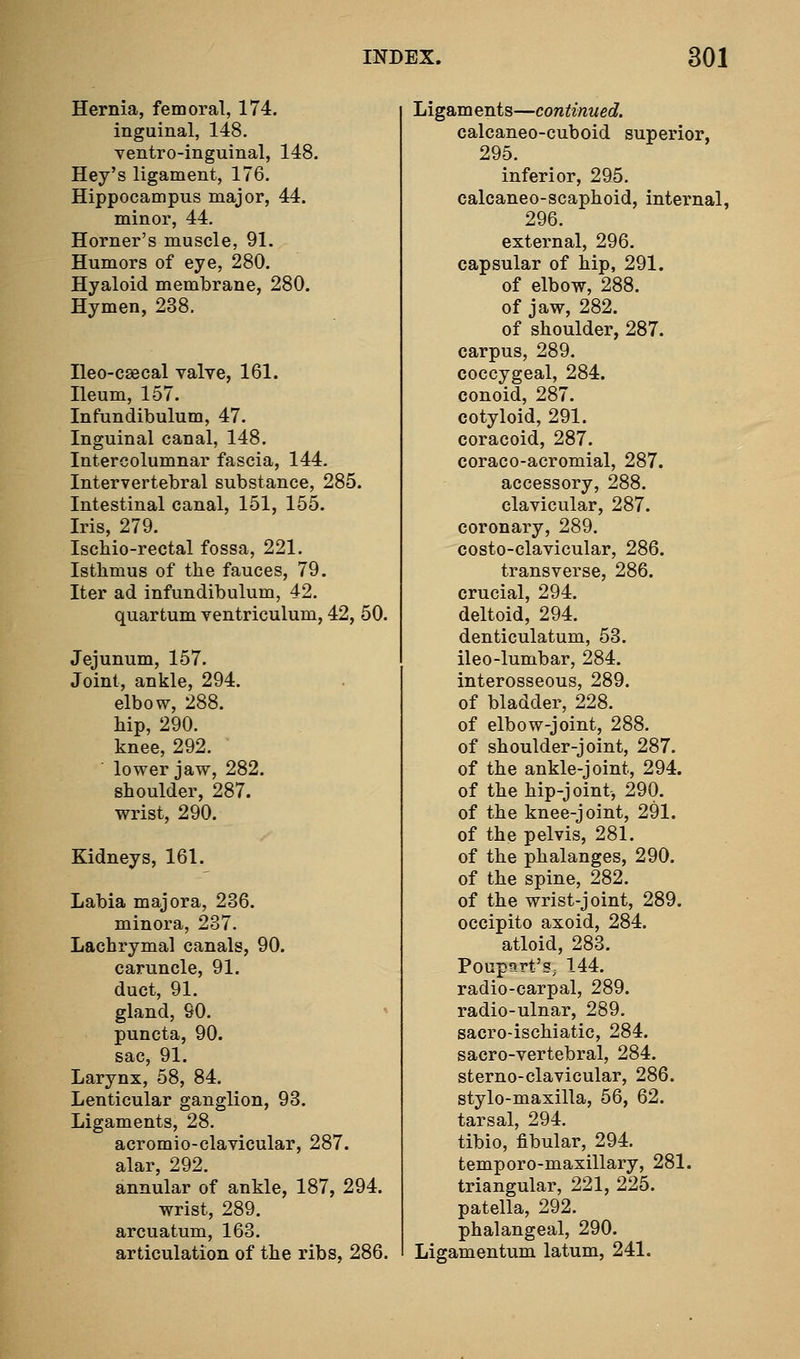 Hernia, femoral, 174. inguinal, 148. ventro-inguinal, 148. Hey's ligament, 176. Hippocampus major, 44. minor, 44, Horner's muscle, 91. Humors of eye, 280. Hyaloid membrane, 280. Hymen, 238. Heo-caecal valve, 161. Heum, 157. Infundibulum, 47. Inguinal canal, 148. Intercolumnar fascia, 144. Intervertebral substance, 285. Intestinal canal, 151, 155. Iris, 279. Ischio-rectal fossa, 221. Isthmus of the fauces, 79. Iter ad infundibulum, 42. quartum ventriculum, 42, 50. Jejunum, 157. Joint, ankle, 294. elbow, 288. hip, 290. knee, 292. lower jaw, 282. shoulder, 287. wrist, 290. Kidneys, 161. Labia majora, 236. minora, 287. Lachrymal canals, 90. caruncle, 91. duct, 91. gland, 90. puncta, 90. sac, 91. Larynx, 58, 84. Lenticular ganglion, 93. Ligaments, 28. acromio-clavicular, 287. alar, 292. annular of ankle, 187, 294. wrist, 289. arcuatum, 163. articulation of the ribs, 286. Ligaments—continued. calcaneo-cuboid superior, 295. inferior, 295. calcaneo-scaphoid, internal, 296. external, 296. capsular of hip, 291. of elbow, 288. of jaw, 282. of shoulder, 287. carpus, 289. coccygeal, 284. conoid, 287. cotyloid, 291. coracoid, 287. coraco-acromial, 287. accessory, 288. clavicular, 287. coronary, 289. costo-clavicular, 286. transverse, 286. crucial, 294. deltoid, 294. denticulatum, 53. ileo-lumbar, 284. interosseous, 289. of bladder, 228. of elbow-joint, 288. of shoulder-joint, 287. of the ankle-joint, 294. of the hip-joint, 290. of the knee-joint, 291. of the pelvis, 281. of the phalanges, 290. of the spine, 282. of the wrist-joint, 289. occipito axoid, 284. atloid, 283. Poupnrt's, 144. radio-carpal, 289. radio-ulnar, 289. sacro-ischiatic, 284. sacro-vertebral, 284. sterno-clavicular, 286. stylo-maxilla, 56, 62. tarsal, 294. tibio, fibular, 294. temporo-maxillary, 281. triangular, 221, 225. patella, 292. phalangeal, 290. Ligamentum latum, 241.