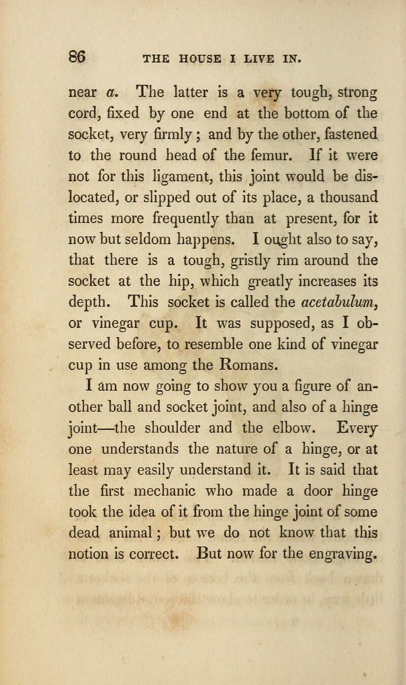 near a. The latter is a very tough, strong cord, fixed by one end at the bottom of the socket, very firmly; and by the other, fastened to the round head of the femur. If it were not for this ligament, this joint would be dis- located, or slipped out of its place, a thousand times more frequently than at present, for it now but seldom happens. I ought also to say, that there is a tough, gristly rim around the socket at the hip, which greatly increases its depth. This socket is called the acetabulum, or vinegar cup. It was supposed, as I ob- served before, to resemble one kind of vinegar cup in use among the Romans. I am now going to show you a figure of an- other ball and socket joint, and also of a hinge joint—the shoulder and the elbow. Every one understands the nature of a hinge, or at least may easily understand it. It is said that the first mechanic who made a door hinge took the idea of it from the hinge joint of some dead animal; but we do not know that this notion is correct. But now for the engraving.