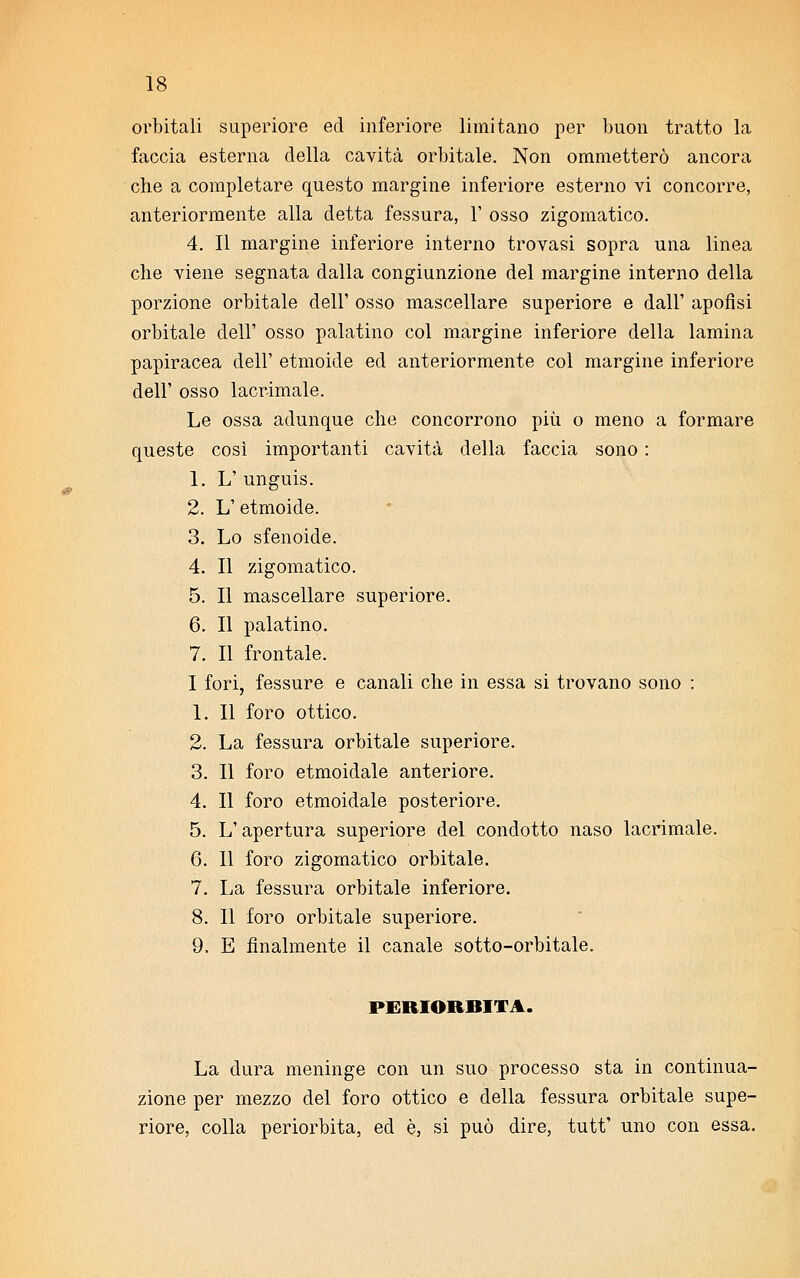 orbitali superiore ed inferiore limitano per buon tratto la faccia esterna della cavità orbitale. Non ommetterò ancora che a completare questo margine inferiore esterno vi concorre, anteriormente alla detta fessura, 1' osso zigomatico. 4. Il margine inferiore interno trovasi sopra una linea che viene segnata dalla congiunzione del margine interno della porzione orbitale dell' osso mascellare superiore e dall' apofisi orbitale dell' osso palatino col margine inferiore della lamina papiracea dell' etmoide ed anteriormente col margine inferiore dell' osso lacrimale. Le ossa adunque che concorrono più o meno a formare queste così importanti cavità della faccia sono : 1. L' unguis. 2. L' etmoide. 3. Lo sfenoide. 4. Il zigomatico. 5. Il mascellare superiore. 6. Il palatino. 7. Il frontale. I fori, fessure e canali che in essa si trovano sono : 1. Il foro ottico. 2. La fessura orbitale superiore. 3. Il foro etmoidale anteriore. 4. Il foro etmoidale posteriore. 5. L'apertura superiore del condotto naso lacrimale. 6. Il foro zigomatico orbitale. 7. La fessura orbitale inferiore. 8. Il foro orbitale superiore. 9. E finalmente il canale sotto-orbitale. PERIORBITA. La dura meninge con un suo processo sta in continua- zione per mezzo del foro ottico e della fessura orbitale supe- riore, colla periorbita, ed è, si può dire, tutt' uno con essa.