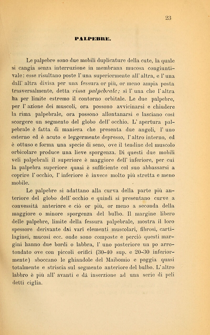 PALPEBRE. Le palpebre sono due mobili duplicature della cute, la quale si cangia senza interruzione in membrana mucosa congiunti- Tale: esse risultano poste Funa superiormente all'altra, e Funa dall' altra divisa per una fessura or più, or meno ampia posta trasversalmente, detta rima palpebrale; sì F una che l'altra ha per limite estremo il contorno orbitale. Le due palpebre, per Fazione dei muscoli, ora possono avvicinarsi e chiudere la rima palpebrale, ora possono allontanarsi e lasciano così scorgere un segmento del globo dell' occhio. L' apertura pal- pebrale è fatta di maniera che presenta due angoli, F uno esterno ed è acuto e leggermente depresso, F altro interno, ed è ottuso e forma una specie di seno, ove il tendine del muscolo orbicolare produce una lieve sporgenza. Di questi due mobili veli palpebrali il superiore è maggiore dell' inferiore, per cui la palpebra superiore quasi è sufficiente col suo abbassarsi a coprire F occhio, F inferiore è invece molto più stretta e meno mobile. Le palpebre si adattano alla curva della parte più an- teriore del globo dell' occhio e quindi si presentano curve a convessità anteriore e ciò or più, or meno a seconda della maggiore o minore sporgenza del bulbo. Il margine libero delle palpebre, limite della fessura palpebrale, mostra il loro spessore derivante dai vari elementi muscolari, fibrosi, carti- laginei, mucosi ecc. onde sono composte e perciò questi mar- gini hanno due bordi o labbra, F uno posteriore un pò arro- tondato ove con piccoli orifìci (30-40 sup. e 20-30 inferior- mente) sboccano le ghiandole del Maibomio e poggia quasi totalmente e striscia sul segmento anteriore del bulbo. L'altro labbro è più all' avanti e dà inserzione ad una serie di peli detti ciglia.