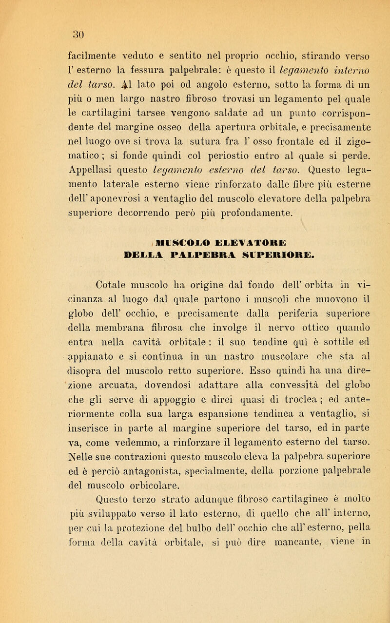 facilmente veduto e sentito nel proprio occhio, stirando verso 1' esterno la fessura palpebrale: è questo il legamento interno del tarso. 41 la+o poi od angolo esterno, sotto la forma di un più o men largo nastro fibroso trovasi un legamento pel quale le cartilagini tarsee vengono saldate ad un punto corrispon- dente del margine osseo della apertura orbitale, e precisamente nel luogo ove si trova la sutura fra 1' osso frontale ed il zigo- matico ; si fonde quindi col periostio entro al quale si perde. Appellasi questo legamento esterno del tarso. Questo lega- mento laterale esterno viene rinforzato dalle fibre più esterne dell' aponevrosi a ventaglio del muscolo elevatore della palpebra superiore decorrendo però più profondamente. MUSCOJLO ELEVATORE DELLA PALPEBRA SUPERIORE. Cotale muscolo ha origine dal fondo dell' orbita in vi- cinanza al luogo dal quale partono i muscoli che muovono il globo dell' occhio, e precisamente dalla periferia superiore della membrana fibrosa che involge il nervo ottico quando entra nella cavità orbitale : il suo tendine qui è sottile ed appianato e si continua in un nastro muscolare che sta al disopra del muscolo retto superiore. Esso quindi ha una dire- zione arcuata, dovendosi adattare alla convessità del globo che gli serve di appoggio e direi quasi di troclea ; ed ante- riormente colla sua larga espansione tendinea a ventaglio, si inserisce in parte al margine superiore del tarso, ed in parte va, come vedemmo, a rinforzare il legamento esterno del tarso. Nelle sue contrazioni questo muscolo eleva la palpebra superiore ed è perciò antagonista, specialmente, della porzione palpebrale del muscolo orbicolare. Questo terzo strato adunque fibroso cartilagineo è molto più sviluppato verso il lato esterno, di quello che all' interno, per cui la protezione del bulbo dell' occhio che all' esterno, pella forma della cavità orbitale, si può dire mancante, viene in