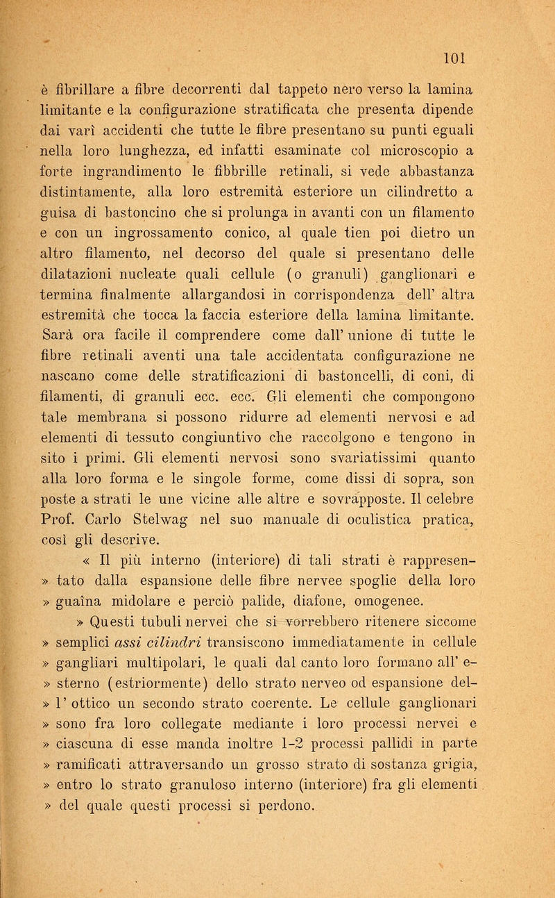 è fibrillare a fibre decorrenti dal tappeto nero verso la lamina limitante e la configurazione stratificata che presenta dipende dai vari accidenti che tutte le fibre presentano su punti eguali nella loro lunghezza, ed infatti esaminate col microscopio a forte ingrandimento le fibbrille retinali, si vede abbastanza distintamente, alla loro estremità esteriore un cilindretto a guisa di bastoncino che si prolunga in avanti con un filamento e con un ingrossamento conico, al quale tien poi dietro un altro filamento, nel decorso del quale si presentano delle dilatazioni nucleate quali cellule (o granuli) ganglionari e termina finalmente allargandosi in corrispondenza dell' altra estremità che tocca la faccia esteriore della lamina limitante. Sarà ora facile il comprendere come dall' unione di tutte le fibre retinali aventi una tale accidentata configurazione ne nascano come delle stratificazioni di bastoncelli, di coni, di filamenti, di granuli ecc. ecc. Gli elementi che compongono tale membrana si possono ridurre ad elementi nervosi e ad elementi di tessuto congiuntivo che raccolgono e tengono in sito i primi. Gli elementi nervosi sono svariatissimi quanto alla loro forma e le singole forme, come dissi di sopra, son poste a strati le une vicine alle altre e sovrapposte. Il celebre Prof. Carlo Stelwag nel suo manuale di oculistica pratica, così gli descrive. « Il più interno (interiore) di tali strati è rappresen- » tato dalla espansione delle fibre nervee spoglie della loro » guaina midolare e perciò palide, diafone, omogenee. » Questi tubuli nervei che si vorrebbero ritenere siccome » semplici assi cilindri transiscono immediatamente in cellule » gangliari multipolari, le quali dal canto loro formano all' e- » sterno (estriormente) dello strato nerveo od espansione del- » l'ottico un secondo strato coerente. Le cellule ganglionari » sono fra loro collegate mediante i loro processi nervei e » ciascuna di esse manda inoltre 1-2 processi pallidi in parte » ramificati attraversando un grosso strato di sostanza grigia, » entro lo strato granuloso interno (interiore) fra gli elementi » del quale questi processi si perdono.