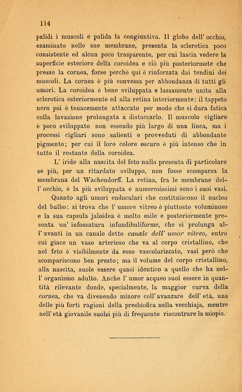 palidi i muscoli e palida la congiuntiva. 11 globo dell' occhio, esaminato nelle sue membrane, presenta la sclerotica poco consistente ed alcun poco trasparente, per cui lascia vedere la superfìcie esteriore della coroidea e ciò più posteriormete che presso la cornea, forse perchè qui è rinforzata dai tendini dei muscoli. La cornea è più convessa per abbondanza di tutti gli umori. La coroidea è bene sviluppata e lassamente unita alla sclerotica esteriormente ed alla retina interiormente : il tappeto nero poi è tenacemente attaccato per modo che si dura fatica colla lavazione prolungata a distaccarlo. Il muscolo cigliare è poco sviluppato non essendo più largo di una linea, ma i processi cigliari sono salienti e provveduti di abbondante pigmento; per cui il loro colore oscuro è più intenso che in tutto il restante della coroidea. L' iride alla nascita del feto nulla presenta di particolare se più, per un ritardato sviluppo, non fosse scomparsa la membrana del WachendorfF. La retina, fra le membrane del- l' occhio, è la più sviluppata e numerosissimi sono i suoi vasi. Quanto agli umori endoculari che costituiscono il nucleo del bulbo : si trova che 1' umore vitreo è piuttosto voluminoso e la sua capsula jaloidea è molto esile e posteriormente pre- senta un' infossatura infundibuliforme, che si prolunga al- l' avanti in un canale detto canale dell' umor vitreo, entro cui giace un vaso arterioso che va al corpo cristallino, che nel feto è visibilmente da esso vascolarizzato, vasi però che scompariscono ben presto; ma il volume del corpo cristallino, alla nascita, suole essere quasi identico a quello che ha nel- 1' organismo adulto. Anche 1' umor acqueo suol essere in quan- tità rilevante donde, specialmente, la maggior curva della cornea, che va divenendo minore coli' avanzare dell' età, una delle più forti ragioni della presbiofica nella vecchiaja, mentre nell' età giovanile suolsi più di frequente riscontrare la miopia.