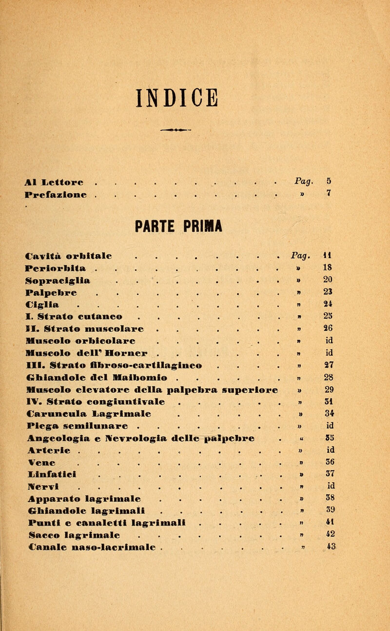 INDICE Al lettore .......... Pag. 5 Prefazione » 7 PARTE PRIMA Cavità orbitale . Pag. 11 Periorblta » 18 Sopraciglia » 20 Palpebre » 23 Ciglia » 24 I. Strato cutaneo » 25 II. Strato muscolare » 26 Muscolo orbicolare » id Muscolo dell'* Horner » id III. Strato flibroso-cartilagineo » 27 (Ghiandole del Maibomio » 28 Muscolo elevatore della palpebra superiore » 29 IV. Strato congiuntivale » 51 Caruncula liagrimale » 34 Piega semilunare . . » id Angeologia e IVevrologla delle palpebre . « 85 Arterie < » id Vene » 36 linfatici . » 37 Nervi » id Apparato lag rimale » 38 Ghiandole lagrintali » 39 Punti e canaletti lagrima!» » 4t Sacco lagrimale » 42 Canale naso-lacrimale ........ 43