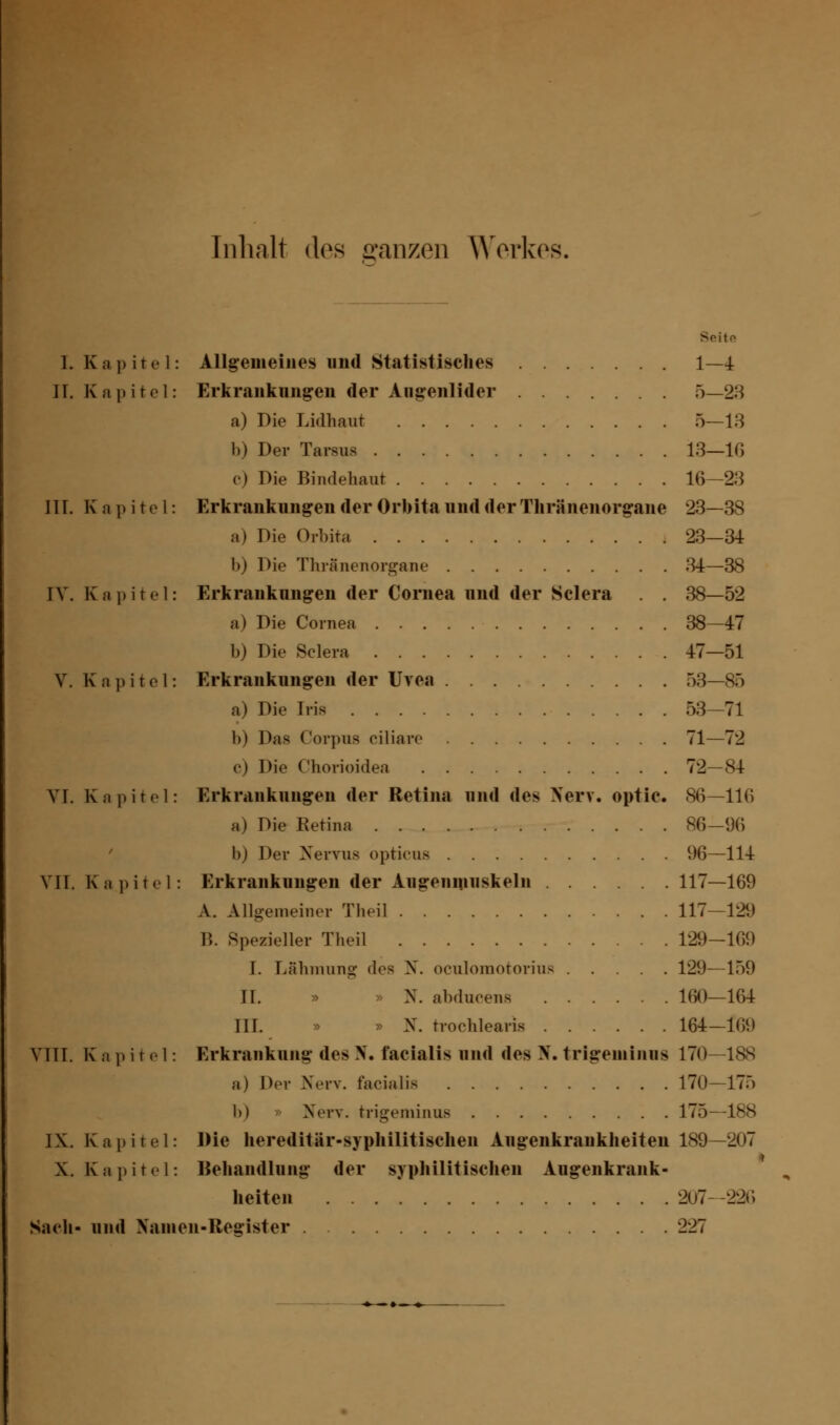 Inhalt des ganzen Werkes. 1. Kapitel: Allgemeines und Statistisches 1—4 IT. Kapitel: Erkrankungen der Augenlider 5—23 a) Die Lidhaut 5—13 b) Der Tarsus 13—1(5 c) Die Bindehaut 16—23 ITT. Kapitel. Erkrankungen der Orbita und der Thrünenorgane 23—38 a) Die Orbita 23—34 1)) Die Thränenorgane 34—38 IV. Kapitel: Erkrankungen der Cornea und der Selen . . 38—52 ;i) Die Cornea 38—47 b) Die Sclera 47—51 V. Kapitel: Erkrankungen der Uvea 53—85 a) Die Iris 53—71 b) Das Corpus ciliare 71—72 Die Chorioidea 72—84 VI. Kapitel: Erkrankungen der Retina und des Nerv, optic. 86—116 a) Die Retina 86—96 b) Der Nervus opticus 96—114 VII. Kapitel: Erkrankungen der Augenmuskeln 117—169 A. Allgemeiner Theil 117—129 B. Spezieller Theil 129-169 I. Lähmung des X. oculomotorius 129-159 II. » N. abducens 160—164 III. » X. trochlearis 164—169 VI IT. K a pitel: Erkrankung des X. facialis und des X. trigeiniitiis 170—188 a) Der Nerv, facialis 170—175 b) Nerv, trigeminus 175—188 IX. Kapitel: Die hereditär-syphilitischen Augenkrankheiten 189—207 X. Kapitel: Behandlung der syphilitischen Augenkrank- heiten 207- -226 Sach- und Namen-Register 227