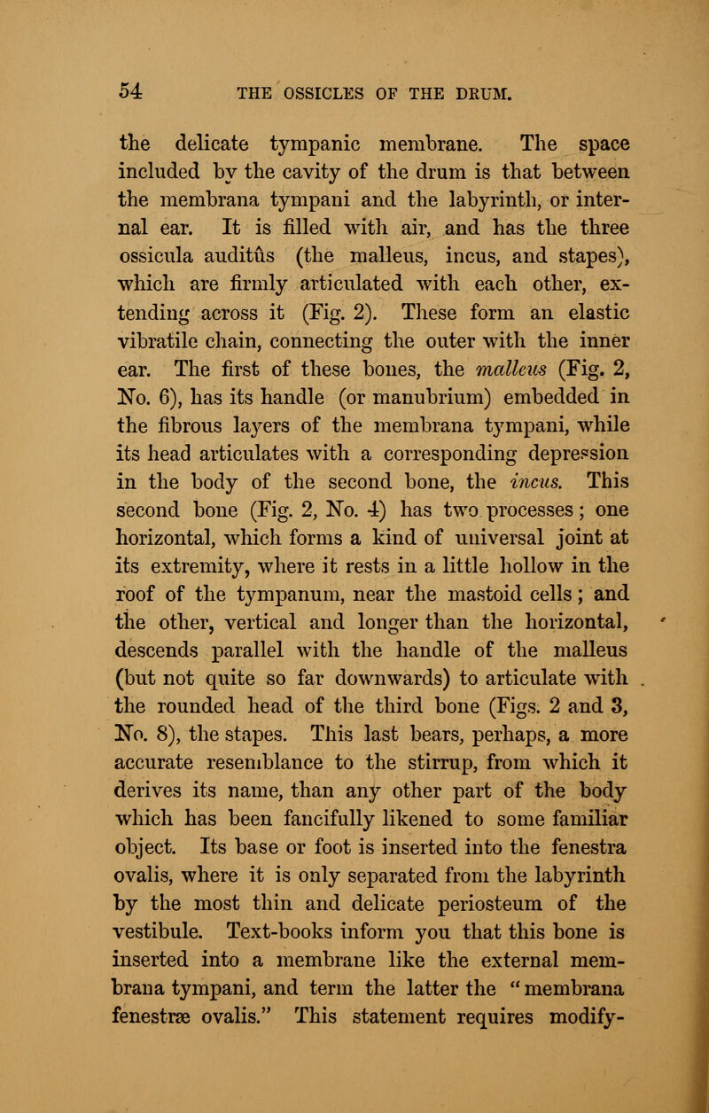 the delicate tympanic membrane. The space included by the cavity of the drum is that between the membrana tympani and the labyrinth, or inter- nal ear. It is filled with air, and has the three ossicula auditus (the malleus, incus, and stapes), which are firmly articulated with each other, ex- tending across it (Fig. 2). These form an elastic vibratile chain, connecting the outer with the inner ear. The first of these bones, the malleus (Fig. 2, -No. 6), has its handle (or manubrium) embedded in the fibrous layers of the membrana tympani, while its head articulates with a corresponding depression in the body of the second bone, the incus. This second bone (Fig. 2, No. 4) has two processes; one horizontal, which forms a kind of universal joint at its extremity, where it rests in a little hollow in the roof of the tympanum, near the mastoid cells; and the other, vertical and longer than the horizontal, descends parallel with the handle of the malleus (but not quite so far downwards) to articulate with the rounded head of the third bone (Figs. 2 and 3, !No. 8), the stapes. This last bears, perhaps, a more accurate resemblance to the stirrup, from which it derives its name, than any other part of the body which has been fancifully likened to some familiar object. Its base or foot is inserted into the fenestra ovalis, where it is only separated from the labyrinth by the most thin and delicate periosteum of the vestibule. Text-books inform you that this bone is inserted into a membrane like the external mem- brana tympani, and term the latter the  membrana fenestra ovalis. This statement requires modify-