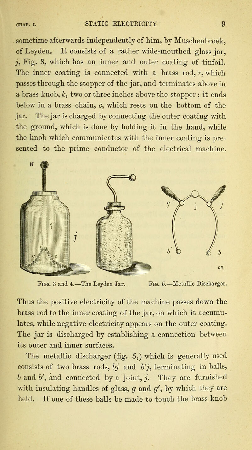 . sometime afterwards independently of him, by Muschenbroek, of Leyden. It consists of a rather wide-mouthed glass jar, y, Fig. 3, which has an inner and outer coating of tinfoil. The inner coating is connected with a brass rod, r, which passes through the stopper of the jar, and terminates above in a brass knob, h, two or three inches above the stopper; it ends below in a brass chain, c, which rests on the bottom of the jar. The jar is charged by connecting the outer coating with the ground, which is done by holding it in the hand, while the knob which communicates with the inner coating is pre- sented to the prime conductor of the electrical machine. Figs. 3 and 4.—The Leyden Jar. Fig. 5.—Metallic Discharger. Thus the positive electricity of the machine passes down the brass rod to the inner coating of the jar, on which it accumu- lates, while negative electricity appears on the outer coating. The jar is discharged by establishing a connection between its outer and inner surfaces. The metallic discharger (fig. 5,) which is generally used consists of two brass rods, bj and ¥j, terminating in balls, b and 6', and connected by a joint, J. They are furnished with insulating handles of glass, g and g^, by which they are held. If one of these balls be made to touch the brass knob