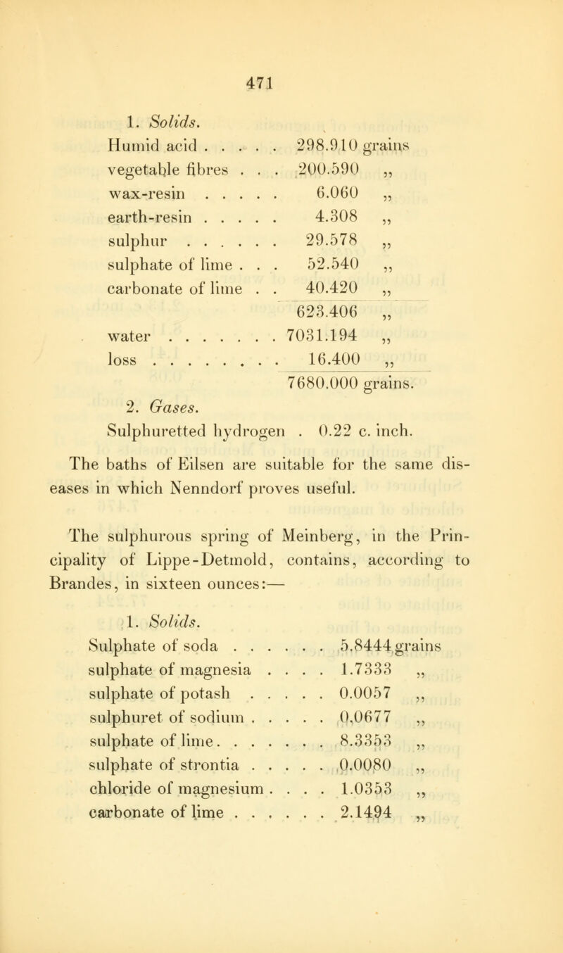 1. Solids. Humid acid 298.910 grains vegetable fibres . wax-resin . . . earth-resin . . . sulphur .... sulphate of lime . carbonate of lime water loss 6.4 200.590 55 6.060 55 4.308 55 29.578 55 52.540 55 40.420 55 623.406 55 7031.194 55 55 7680.000 grains. 2. Gases. Sulphuretted hydrogen . 0.22 c. inch. The baths of Eilsen are suitable for the same dis- eases in which Nenndorf proves useful. The sulphurous spring of Meinberg, in the Prin- cipality of Lippe-Detmold, contains, according to Brandes, in sixteen ounces:— 1. Solids. Sulphate of soda 5.8444 grains sulphate of magnesia . . . . 1.7333 sulphate of potash 0.0057 sulphuret of sodium 0.0677 sulphate of lime 8.3353 sulphate of strontia 0.0080 chloride of magnesium . . . . 1.0353 carbonate of lime 2.1494