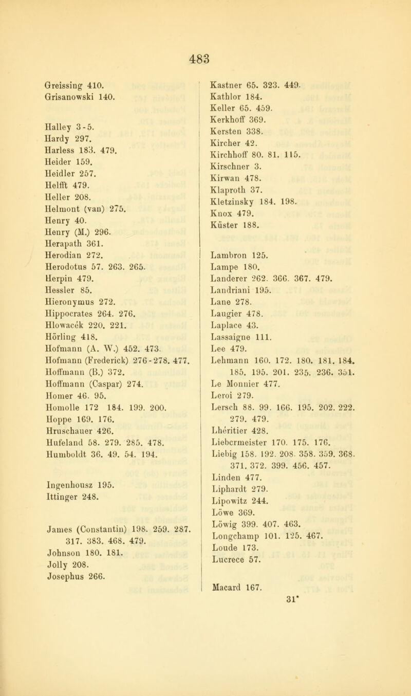 Greissing 410. Grisanowski 140. Halley 3-5. Hardy 297. Harless 183. 479. Heider 159. Heidler 257. Helfi't 479. Heller 208. Helmont (van) 275. Henry 40. Henry (M.) 296. Herapath 361. Herodian 272. Herodotus 57. 263. 265. Herpin 479. Hessler 85. Hieronymus 272. Hippocrates 264. 276. Hlowacek 220. 221. Horling 418. Hofmann (A. W.) 452. 473. Hofmann (Frederick) 276-278. 477. Hoffmann (B.) 372. Hoffmann (Caspar) 274. Homer 46. 95. Homolle 172 184. 199. 200. Hoppe 169. 176. Hruschauer 426. Hufeland 58. 279. 285. 478. Humboldt 36. 49. 54. 194. Ingenhousz 195. Ittinger 248. James (Constantin) 198. 259. 287. 317. 383. 468. 479. Johnson 180. 181. Jolly 208. Josephus 266. Kastner 65. 323. 449. Kathlor 184. Keller 65. 459. Kerkhoff 369. Kersten 338. Kircher 42. Kirchhoff 80. 81. 115. Kirschner 3. Kirwan 478. Klaproth 37. Kletzinsky 184. 198. Knox 479. Kiister 188. Lambron 125. Lampe 180. Landerer 262. 366. 367. 479. Landriani 195. Lane 278. Laugier 478. Laplace 43. Lassaigne 111. Lee 479. Lehmann 160. 172. 180. 181. 184. 185. 195. 201. 235. 236. 351. Le Monnier 477. Leroi 279. Lersch 88. 99. 166. 195. 202. 222. 279. 479. Lheritier 428. Liebcrmeister 170. 175. 176. Liebig 158. 192. 208. 358. 359. 368. 371. 372. 399. 456. 457. Linden 477. Liphardt 279. Lipowitz 244. Lowe 369. Lowig 399. 407. 463. Longchamp 101. 125. 467. Loude 173. Lucrece 57. Macard 167. 31'