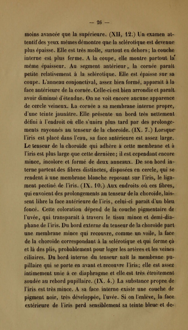 moins avancée que la supérieure. (XII, 12.) Un examen at- tentif des yeux mêmes démontre que la sclérotique est devenue plus épaisse. Elle est très molle, surtout en dehors; la couche interne est plus ferme. A la coupe, elle montre partout la' même épaisseur. Au segment antérieur, la cornée paraît petite relativement à la sclérotique. Elle est épaisse sur sa coupe. L'anneau conjonctival, assez bien formé, apparaît à la face antérieure de la cornée. Celle-ci est bien arrondie et paraît avoir diminué d'étendue. On ne voit encore aucune apparence de cercle veineux. La cornée a sa membrane interne propre, d'une teinte jaunâtre. Elle présente un bord très nettement défini à l'endroit où elle s'unira plus tard par des prolonge- ments rayonnes au tenseur de la choroïde. (IX. 7.) Lorsque l'iris est placé dans l'eau, sa face antérieure est assez large. Le tenseur de la choroïde qui adhère à cette membrane et à l'iris est plus large que cette dernière; il est cependant encore mince, incolore et formé de deux anneaux. De son bord in- terne partent des fibres distinctes, disposées en cercle, qui se rendent à une membrane blanche reposant sur l'iris, le liga- ment pectine de l'iris. (IX. 10.) Aux endroits où ces fibres, qui envoient des prolongements au tenseur delà choroïde,lais- sent libre la face antérieure de l'iris, celui-ci paraît d'un bleu foncé. Cette coloration dépend de la couche pigmentaire de l'uvée, qui transparaît à travers le tissu mince et demi-dia- phane de l'iris. Du bord externe du tenseur de la choroïde part une membrane mince qui recouvre, comme un voile, la face de la choroïde correspondant à la sclérotique et qui forme çà et là des plis, probablement pour loger les artères et les veines ciliaires. Du bord interne du tenseur naît la membrane pu- pillaire qui se porte en avant et recouvre l'iris; elle est assez intimement unie à ce diaphragme et elle est très étroitement soudée au rebord pupillaire. (IX. 4.) La substance propre de l'iris est très mince. A sa face interne existe une couche de pigment noir, très développée, l'uvée. Si on l'enlève, la face extérieure de l'iris perd sensiblement sa teinte bleue et de-