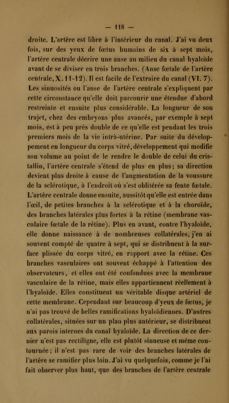 droite. L'artère est libre à l'intérieur du eanal. J'ai vu deux fois, sur des yeux de fœlus humains de six à sept mois, l'artère centrale décrire une anse au milieu du canal hyaloïde avant de se diviser en trois branches. (Anse fœlale de l'artère cendale,X. 11-12). Il est facile de l'extraire du canal (VI. 7). Les sinuosités ou l'anse de l'artère centrale s'expliquent par celle circonstance qu'elle doit parcourir une étendue d'abord restreinte et ensuite plus considérable. La longueur de son trajet, chez des embryons plus avancés, par exemple à sept mois, est à peu près double de ce qu'elle est pendant les trois premiers mois de la vie intra-utérine. Par suite du dévelop- pement en longueur du corps vitré,développement qui modifie son volume au point de le rendre le double de celui du cris- tallin, l'artère cenlrale s'étend de plus en plus; sa direction devient plus droite à cause de l'augmentation de la voussure de la sclérotique, à l'endroit où s'est oblitérée sa fente fœtale. L'artère centrale donne ensuite, aussitôt qu'elle est entrée dans l'œil, de petites branches à la sclérotique et à la choroïde, des branches latérales plus fortes à la rétine (membrane vas- culaire fœtale de la rétine). Plus en avant, contre l'hyaloïde, elle donne naissance à de nombreuses collatérales, j'en ai souvent compté de quatre à sept, qui se distribuent à la sur- face plissée du corps vitré, en rapport avec la rétine. Ces branches vasculaires ont souvent échappé à l'attention des observateurs, et elles ont été confondues avec la membrane vasculaire de la rétine, mais elles appartiennent réellement à l'hyaloïde. Elles constituent un véritable disque artériel de cette membrane. Cependant sur beaucoup d'yeux de fœtus, je n'ai pas trouvé de belles ramifications hyaloïdiennes. D'autres collatérales, situées sur un plan plus antérieur, se distribuent aux parois internes du canal hyaloïde. La direction de ce der- nier n'est pas recliligne, elle est plutôt sinueuse et même con- tournée ; il n'est pas rare de voir des branches latérales de l'artère se ramifier plus loin. J'ai vu quelquefois, comme je l'ai fait observer plus haut, que des branches de l'artère centrale