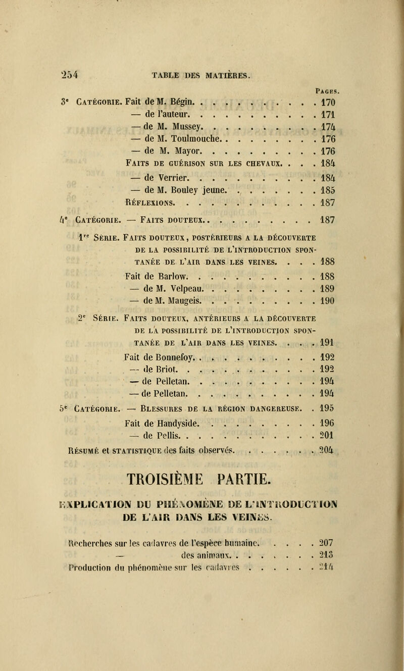 Pages. S* Catégorie. Fait de M. Bégin 170 — de l'auteur 171 — de M. Mussey 174 — de M. Toulraouche 176 — de M. Mayor 176 Faits de guérison sur les chevaux. . . . 181 — de Verrier 184 — de M. Bouley jeune. ., 185 Réflexions 187 /ie Catégorie. — Faits douteux 187 1 Série. Faits douteux , postérieurs a la découverte de la possirilité de l'introduction spon- tanée de l'air dans les veines. . . .188 Fait de Barlow 188 — de M. Velpeau. . 189 — de M. Maugeis 190 2e Série. Faits douteux, antérieurs a la découverte DE LA POSSIBILITÉ DE L'INTRODUCTION SPON- TANÉE DE L'AIR DANS LES VEINES. . . . 191 Fait de Bonnefoy 192 — de Briot 192 — de Peiletan. 194 — de Pelletan 194 5* Catégorie. — Blessures de la région dangereuse. . 195 Fait de Handyside 196 — de Pellis 201 Résumé et statistique des faits observés 204 TROISIÈME PARTIE. EXPLICATION DU PHÉNOMÈNE RE L'INTRODUCTION DE L'AIR DANS LES VEINES. Recherches sur les cadavres de l'espèce humaine 207 — des animaux 213 Production du phénomène sur les cadavres -14