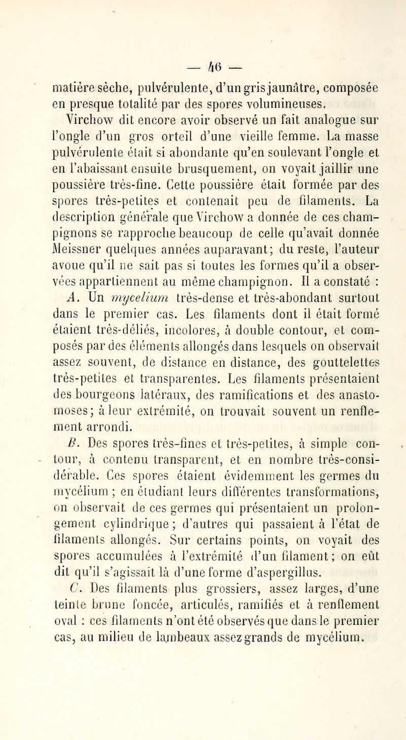 matière sèche, pulvérulente, d'un gris jaunâtre, composée en presque totalité par des spores volumineuses. Virchow dit encore avoir observé un fait analogue sur l'ongle d'un gros orteil d'une vieille femme. La masse pulvérulente était si abondante qu'en soulevant l'ongle et en l'abaissant ensuite brusquement, on voyait jaillir une poussière très-fine. Cette poussière était formée par des spores très-petites et contenait peu de filaments. La description générale que Virchow a donnée de ces cham- pignons se rapproche beaucoup de celle qu'avait donnée Meissner quelques années auparavant; du reste, l'auteur avoue qu'il ne sait pas si toutes les formes qu'il a obser- vées appartiennent au même champignon. Il a constaté : A. Un mycélium très-dense et très-abondant surtout dans le premier cas. Les filaments dont il était formé étaient très-déliés, incolores, à double contour, et com- posés par des éléments allongés dans lesquels on observait assez souvent, de distance en distance, des gouttelettes très-petites et transparentes. Les filaments présentaient des bourgeons latéraux, des ramifications et des anasto- moses; à leur extrémité, on trouvait souvent un renfle- ment arrondi. B. Des spores très-fines et très-petites, à simple con- tour, à contenu transparent, et en nombre très-consi- dérable. Ces spores étaient évidemment les germes du mycélium ; en étudiant leurs différentes transformations, on observait de ces germes qui présentaient un prolon- gement cylindrique ; d'autres qui passaient à l'état de filaments allongés. Sur certains points, on voyait des spores accumulées à l'extrémité d'un filament; on eût dit qu'il s'agissait là d'une forme d'aspergillus. C. Des filaments plus grossiers, assez larges, d'une teinte brune foncée, articulés, ramifiés et à renflement oval : ces filaments n'ont été observés que dans le premier cas, au milieu de lambeaux assez grands de mycélium.