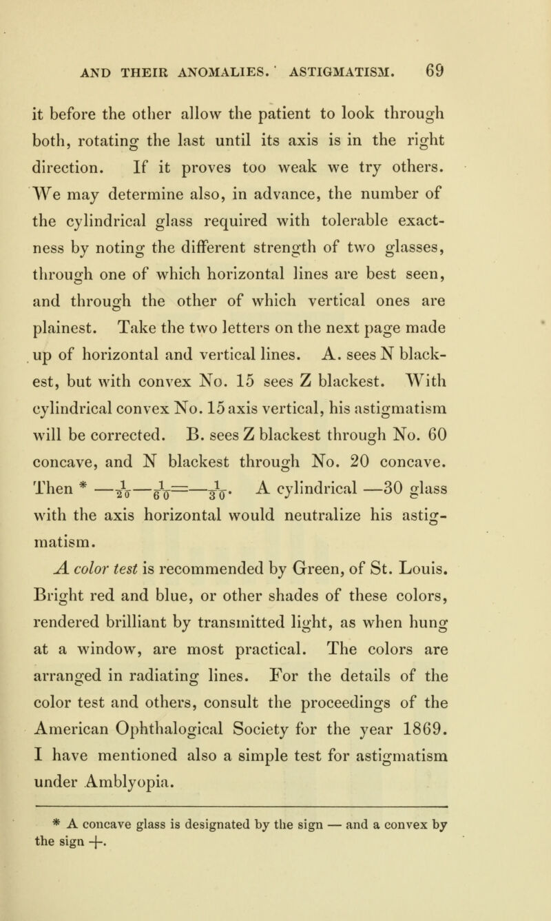 it before the other allow the patient to look through both, rotating the last until its axis is in the right direction. If it proves too weak we try others. We may determine also, in advance, the number of the cylindrical glass required with tolerable exact- ness by noting the different strength of two glasses, through one of which horizontal lines are best seen, and through the other of which vertical ones are plainest. Take the two letters on the next page made up of horizontal and vertical lines. A. sees N black- est, but with convex No. 15 sees Z blackest. With cylindrical convex No. 15 axis vertical, his astigmatism will be corrected. B. sees Z blackest through No. 60 concave, and N blackest through No. 20 concave. Then * —2Xo—6V==—To ■ ^ cylindrical —30 glass with the axis horizontal would neutralize his astig- matism. A. color test is recommended by Green, of St. Louis. Bright red and blue, or other shades of these colors, rendered brilliant by transmitted light, as when hung at a window, are most practical. The colors are arranged in radiating lines. For the details of the color test and others, consult the proceedings of the American Ophthalogical Society for the year 1869. I have mentioned also a simple test for astigmatism under Amblyopia. * A concave glass is designated by the sign — and a convex by the sign +.