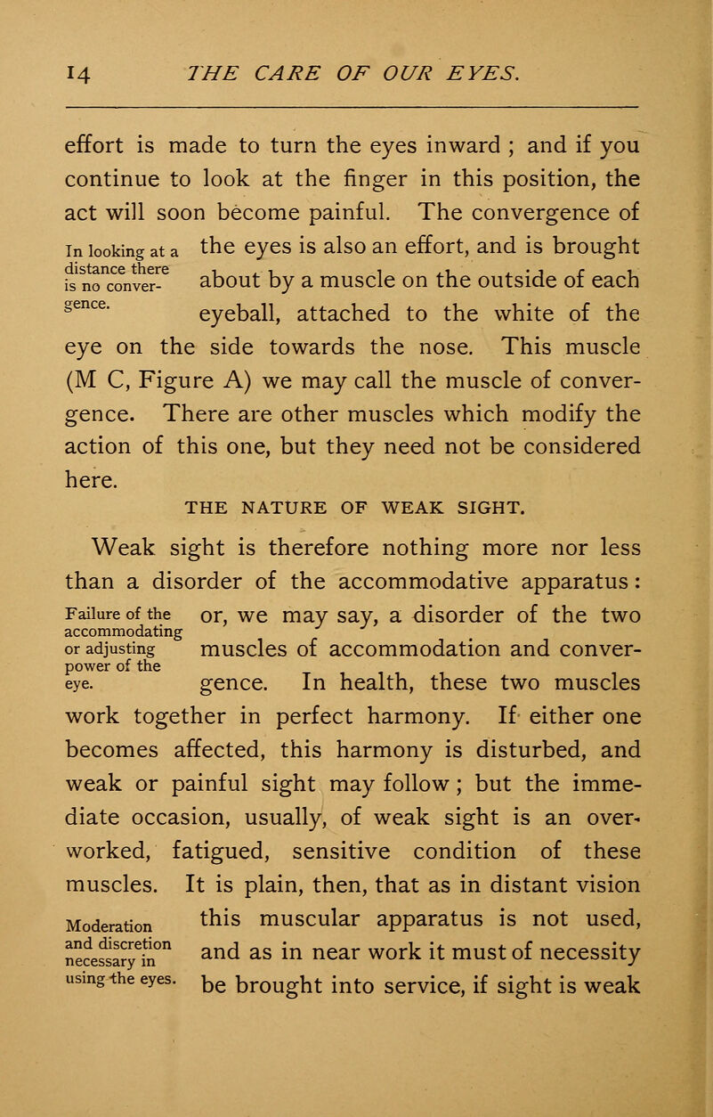 effort is made to turn the eyes inward ; and if you continue to look at the finger in this position, the act will soon become painful. The convergence of in looking at a the eyes is also an effort, and is brought distance there i_.v i ^-u .l • j r i_ is no conver- about by a muscle on the outside of each §ence- eyeball, attached to the white of the eye on the side towards the nose. This muscle (M C, Figure A) we may call the muscle of conver- gence. There are other muscles which modify the action of this one, but they need not be considered here. THE NATURE OF WEAK SIGHT. Weak sight is therefore nothing more nor less than a disorder of the accommodative apparatus: Failure of the or, we may say, a disorder of the two accommodating or adjusting muscles of accommodation and conver- power of the eye. gence. In health, these two muscles work together in perfect harmony. If either one becomes affected, this harmony is disturbed, and weak or painful sight may follow; but the imme- diate occasion, usually, of weak sight is an over- worked, fatigued, sensitive condition of these muscles. It is plain, then, that as in distant vision Moderation tn^s muscular apparatus is not used, neceSryln011 and aS in near WOrk lt mUSt °f necessity using the eyes. be brought into service, if sight is weak