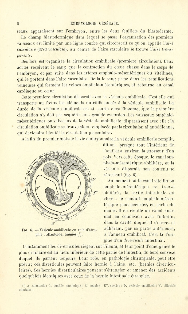 seaux apparaissent sur l'embryon, entre les deux feuillets du blastoderme. Le champ blastodermique dans lequel se passe l'organisalion des premiers vaisseaux est limité par une ligne courbe qui circonscrit ce qu'on appelle l'aire vasciilaire {area vasculosa). Au centre de l'aire vasculaire se trouve l'aire trans- parente. Dès lors est organisée la circulation ombilicale (première circulation). Deux aortes reçoivent le sang que la contraction du cœur chasse dans le corps de l'embryon, et par suite dans les artères omphalo-mésentériques ou vitellines, qui le portent dans l'aire vasculaire. De là le sang passe dans les ramifications veineuses qui forment les veines omphalo-mésentériques, et retourne au canal cardiaque ou cœur. Cette première circulation disparait avec la vésicule ombilicale. C'est elle qui transporte au fœ.tus les éléments nutritifs puisés à la vésicule ombilicale. La durée de la vésicule ombilicale est si courte chez l'homme, que la première circulation n'y doit pas acquérir une grande extension. Les vaisseaux omphalo- mésentériques, ou vaisseaux de la vésicule ombilicale, disparaissent avec elle ; la circulation ombilicale se trouve alors remplacée parlacirculation allantoïdienne, qui deviendra bientôt la circulation placentaire. A la fin du premier mois de la vie embryonnaire, la vésicule ombilicale remplit, dit-on, presque tout l'intérieur de l'œuf, et a environ la grosseur d'un pois. Vers cette époque, le canal om- phalo-mésentérique s'oblitère, et la vésicule disparaît, son contenu se résorbant (fig. 6). Au moment où le canal vitellin ou omphalo-mésentérique se trouve oblitéré, la cavité intestinale est close : le conduit omphalo-mésen- térique peut persister, en partie du moins. 11 en résulte un canal anor- mal en connexion avec l'intestin, dans la cavité duquel il s'ouvre, et adhérant, par sa partie antérieure, à l'anneau ombilical. C'est là l'ori- gine d'un diverticule intestinal. Constamment les diverticules siègent sur l'iléum, et leur point d'émergence le plus ordinaire est au tiers inférieur de cette partie de l'intestin, du bord convexe duquel ils partent toujours. Leur rôle, en pathologie chirurgicale, peut être prévu ; ces diverticules peuvent faire hernie à l'aine, etc. (hernies diverticu- laires). Ces hernies diverticulaires peuvent s'étrangler et amener des accidents quelquefois identiques avec ceux de la hernie intestinale étranglée. FiG. 6. —Vésicule ombilicale en voie d'alro- pliie : allantoïde, amnios(*). (') A, alkntûUle ; C, ombilic amniotique; choriaics. E', amnios ; E, ehorioii ; D, vésicule ombilicale; V, viUosités
