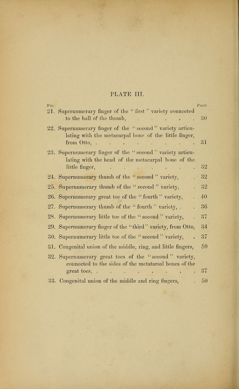 Fio. Page 21. Supernumerary finger of the  first  variety connected to the ball of the thumb, .... 22. Supernumerary finger of the  second variety articu- lating with the metacarpal bone of the little finger, from Otto. . . . . . . . 23. Supernumerary finger of the  second  variety articu- lating with the head of the metacarpal bone of the little finger, ...... 24. Supernumerary thumb of the  second  variety, 25. Supernumerary thumb of the  second  variety, 26. Supernumerary great toe of the fourth variety, 27. Supernumerary thumb of the  fourth  variety, . 28. Supernumerary little toe of the  second  variety, 29. Supernumerary finger of the third variety, from Otto 30. Supernumerary little toe of the  second  variety, 31. Congenital union of the middle, ring, and little fingers, 32. Supernumerary great toes of the second variety, connected to the sides of the metatarsal bones of the great toes, ........ 33. Congenital union of the middle and ring fingers, 30 31 32 32 32 40 36 37 34 37 50 61 50