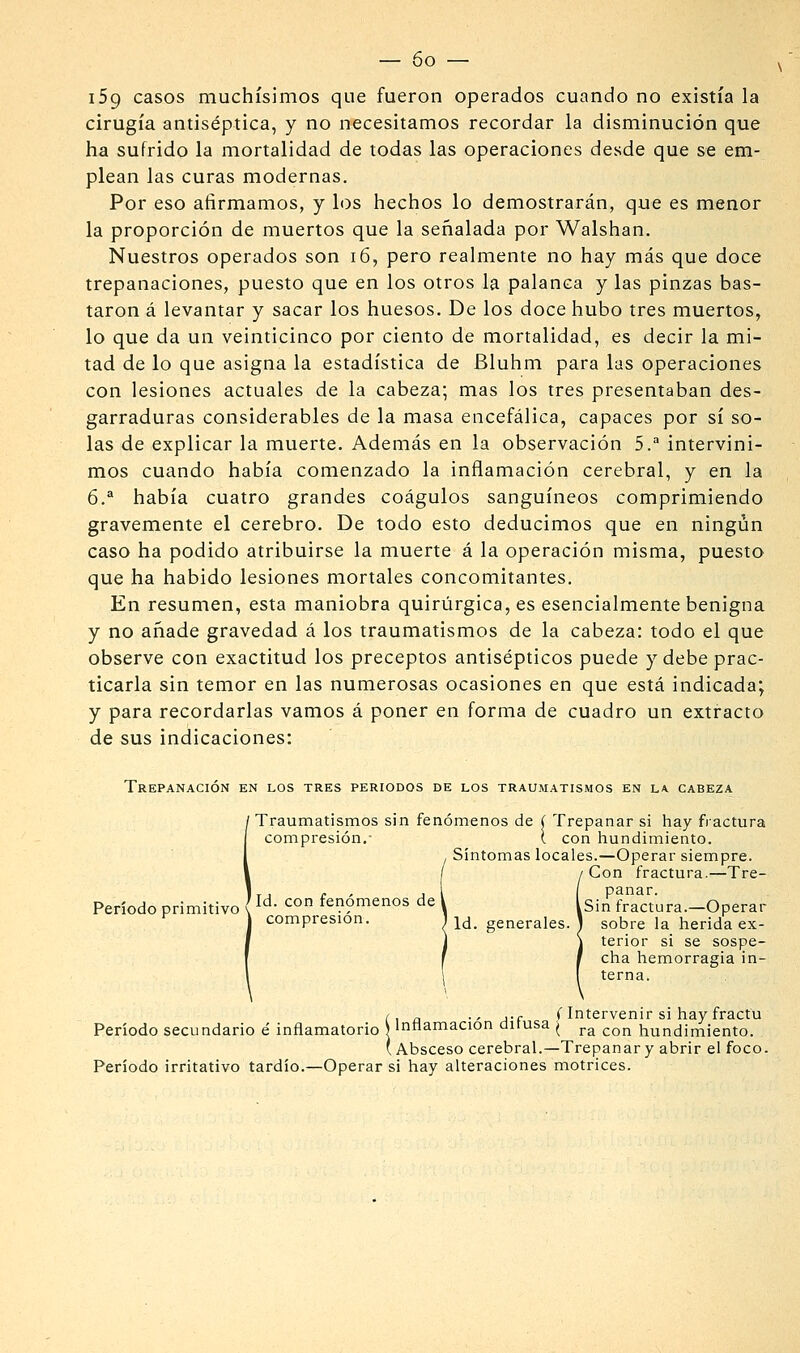 159 casos muchísimos que fueron operados cuando no existía la cirugía antiséptica, y no necesitamos recordar la disminución que ha sufrido la mortalidad de todas las operaciones desde que se em- plean las curas modernas. Por eso afirmamos, y los hechos lo demostrarán, que es menor la proporción de muertos que la señalada por Walshan. Nuestros operados son 16, pero realmente no hay más que doce trepanaciones, puesto que en los otros la palanca y las pinzas bas- taron á levantar y sacar los huesos. De los doce hubo tres muertos, lo que da un veinticinco por ciento de mortalidad, es decir la mi- tad de lo que asigna la estadística de Bluhm para las operaciones con lesiones actuales de la cabeza; mas los tres presentaban des- garraduras considerables de la masa encefálica, capaces por sí so- las de explicar la muerte. Además en la observación 5. intervini- mos cuando había comenzado la inflamación cerebral, y en la 6.^ había cuatro grandes coágulos sanguíneos comprimiendo gravemente el cerebro. De todo esto deducimos que en ningún caso ha podido atribuirse la muerte á la operación misma, puesto que ha habido lesiones mortales concomitantes. En resumen, esta maniobra quirúrgica, es esencialmente benigna y no añade gravedad á los traumatismos de la cabeza: todo el que observe con exactitud los preceptos antisépticos puede y debe prac- ticarla sin temor en las numerosas ocasiones en que está indicada; y para recordarlas vamos á poner en forma de cuadro un extracto de sus indicaciones: Trepanación en los tres periodos de los traumatismos en la cabeza Traumatismos sin fenómenos de ( Trepanar si hay fractura compresión.- ( con hundimiento. Síntomas locales.—Operar siempre. Con fractura.—Tre- Jtj f ' A [ I panar. Período primitivo ( ^^- *^° fenómenos de V I sin fractura.—Operar compresión. ^ jj_ generales.) sobre la herida ex- terior si se sospe- cha hemorragia in- terna. í, a ■' j-r (Intervenir si hay fractu Período secundario é inflamatorio ) Inílamacion ditusa ^ j,^ ^^^ hundimiento. (Absceso cerebral.—Trepanar y abrir el foco. Período irritativo tardío.—Operar si hay alteraciones motrices.