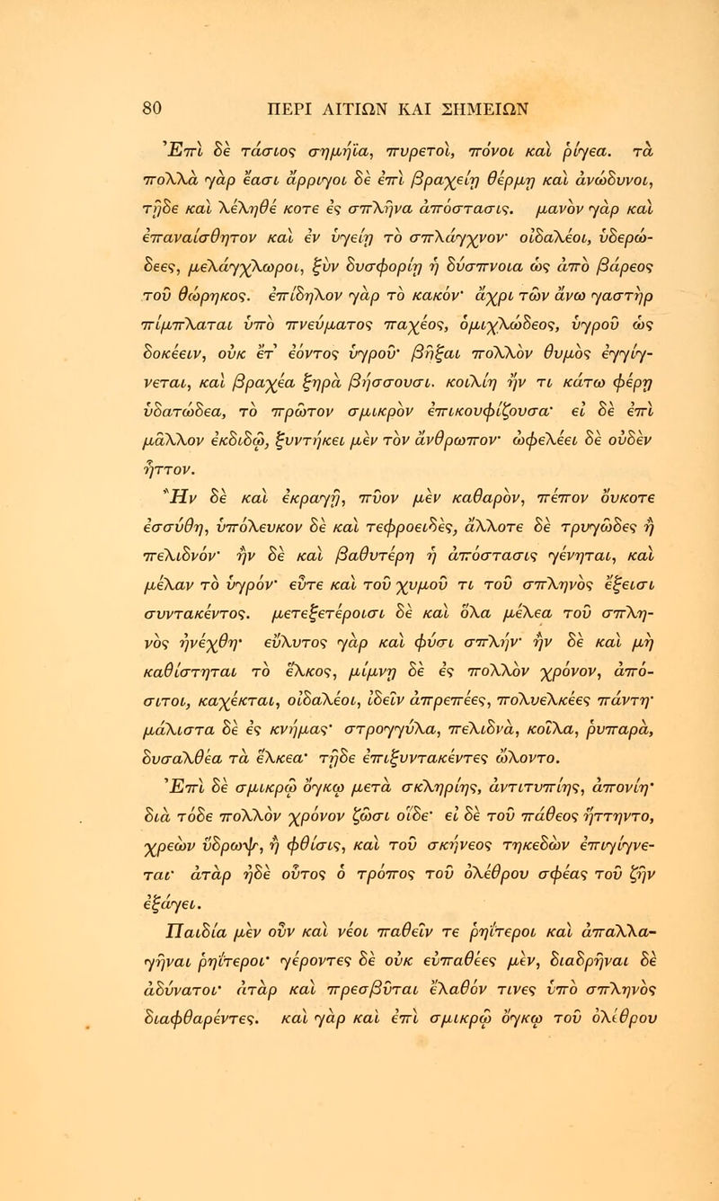 Έπϊ δέ τάσιος σημήϊα, πυρετοί, 'πόνοι καϊ piyea. τα ποΧΧα yap εασι appiyoi Be επι βραχείη θέρμη καϊ άνώΒυνοι, τ[]Βε καϊ ΧεΧηθέ /core ες σπΧήνα άπόστασις. μανον yap καϊ επαναίσθητον καϊ εν vyeirj το σπΧάγχνον οΙΒαΧεοι, υΒερώ- Βεες, μεΧάγχΧωροι, ξύν Βυσφορίη ή Βύσπνοια ως άπο βάρεος του θώρηκος. επίΒηΧον yap το κακόν' ayjpi των ανω yaaTrjp πίμπΧαται υπο πνεύματος παχέος, δμΐ'χΧώΒεος, vypov ως Βοκεειν, ουκ gt εόντος iiypoi)' βηξαι ποΧΧον θυμός iyyiy- νεται, καϊ βραχέα ζηρα βήσσουσι. κοιΧίη ην τι κάτω φέρη ύΒατώΒεα, το πρώτον σμικρόν επικουφίζουσα' el δε επί μάΧΧον εκΒιΒω, ξυντήκει μεν τον άνθρωπον ώφεΧεει δε ούΒεν ήττον. *Ην δέ καϊ iKpayf}, πΰον μεν καθαρον, πέπον ουκοτε εσσύθη, ΰπόΧευκον δέ καϊ τεφροειΒες, αΧΧοτε δέ τpυyώBες ή πεΧιΒνόν' ήν δέ καϊ βαθύτερη ή άπόστασις y^Tai, καϊ μεΧαν το bypov ευτε καϊ του χνμου τι του σπΧηνος εξεισι συντακεντος. μετεξετεροισι δέ καϊ οΧα μεΧεα του σπΧη- νος ηνε-χθη• ευΧυτος yap και φύσι σπΧήν ην δέ καϊ μη καθίστηται το εΧκος, μίμνη δε ες ποΧΧον χρόνον, άπό- σιτοι, καγεκται, οίοαΧέοι, ίΒεΐν άπρεπέες, πόΧυεΧκέες πάντη' μάΧιστα δέ ε'<? κνήμας' στpoyyύXa, πεΧιΒνα, κοΐΧα, ρυπαρα, ΒυσαΧθεα τα εΧκεα' τηΒε επιξυντακεντες ωΧοντο. ΈπΙ δέ σμικρω ογ«:ω μετά σκΧηρίης, άντιτυπίης, άπονίη' Βια τόδε ποΧΧον χρόνον ζώσι οΐΒε' ει δέ του πάθεος ηττηντο, ■χρεών ΰΒρωψ, ή φθίσις, και του σκηνεος τηκεΒών ^lyiyve- ταν αταρ ηΒε ούτος 6 τρόπος του όΧεθρου σφέας του ζην i^ayei. ΊΊαιΒία μεν οΐιν καϊ νέοι παθεΐν τε ρηιτεροι καϊ άπαΧΧα- yrjvai ρηιτεροι' yεpovτες δέ ουκ ενπαθεες μεν, ΒιαΒρηναι Be άΒύνατοι' αταρ καϊ πρεσβυται εΧαθόν τίνες υπο σπΧηνος Βιαφθαρεντες. καϊ yap και επί σμικρω 6yK(p του οΧίθρου