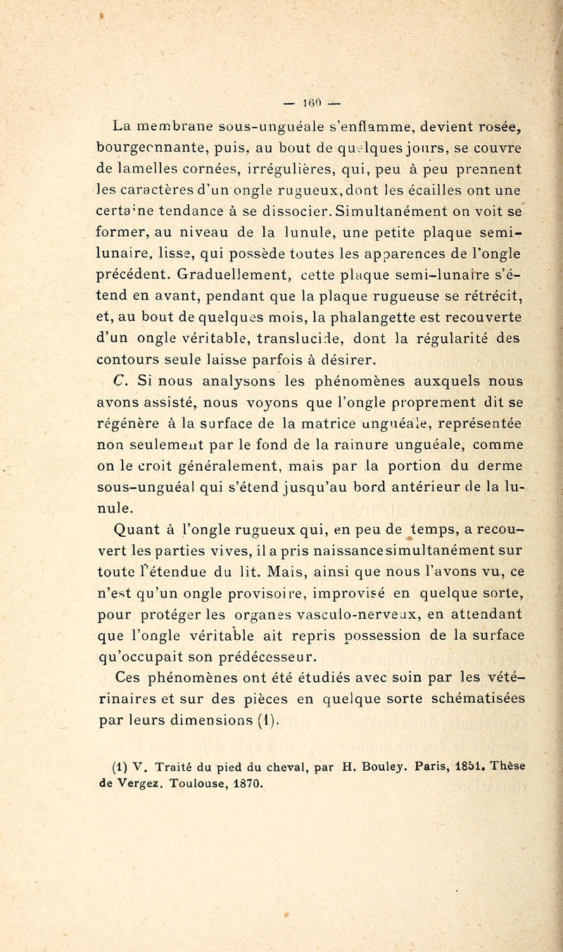 — 5(30 _ La membrane sous-unguéale s'enflamme, devient rosée, bourgeonnante, puis, au bout de quelques jours, se couvre de lamelles cornées, irrégulières, qui, peu à peu prennent les caractères d'un ongle rugueux, dont les écailles ont une certaine tendance à se dissocier. Simultanément on voit se former, au niveau de la lunule, une petite plaque semi- lunaire, lisse, qui possède toutes les apparences de l'ongle précédent. Graduellement, cette plaque semi-lunaire s'é- tend en avant, pendant que la plaque rugueuse se rétrécit, et, au bout de quelques mois, la phalangette est recouverte d'un ongle véritable, translucide, dont la régularité des contours seule laisse parfois à désirer. C. Si nous analysons les phénomènes auxquels nous avons assisté, nous voyons que l'ongle proprement dit se régénère à la surface de la matrice unguéale, représentée non seulement par le fond de la rainure unguéale, comme on le croit généralement, mais par la portion du derme sous-unguéal qui s'étend jusqu'au bord antérieur de la lu- nule. Quant à l'ongle rugueux qui, en peu de temps, a recou- vert les parties vives, il a pris naissance simultanément sur toute retendue du lit. Mais, ainsi que nous l'avons vu, ce n'est qu'un ongle provisoire, improvisé en quelque sorte, pour protéger les organes vasculo-nerveax, en attendant que l'ongle véritable ait repris possession de la surface qu'occupait son prédécesseur. Ces phénomènes ont été étudiés avec soin par les vété- rinaires et sur des pièces en quelque sorte schématisées par leurs dimensions (1). (1) V. Traité du pied du cheval, par H. Bouley. Paris, 1851. Thèse de Vergez. Toulouse, 1870.