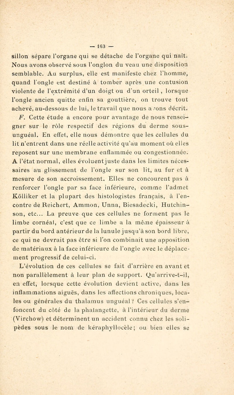 sillon sépare l'organe qui se détache de l'organe qui nait. Nous avons observé sous l'onglon du veau une disposition semblable. Au surplus, elle est manifeste chez l'homme, quand l'ongle est destiné à tomber après une contusion violente de l'extrémité d'un doigt ou d'un orteil, lorsque l'ongle ancien quitte enfin sa gouttière, on trouve tout achevé, au-dessous de lui, le travail que nous a rons décrit. F. Cette étude a encore pour avantage de nous rensei- gner sur le rôle respectif des régions du derme sous- unguéal. En effet, elle nous démontre que les cellules du lit n'entrent dans une réelle activité qu'au moment où elles reposent sur une membrane enflammée ou congestionnée. A l'état normal, elles évoluent juste dans les limites néces- saires au glissement de l'ongle sur son lit, au fur et à mesure de son accroissement. Elles ne concourent pas à renforcer l'ongle par sa face inférieure, comme l'admet Kôlliker et la plupart des histologistes français, à ren- contre de Reichert, Ammon, Unna, Biesadecki, Hutchin- son, etc.. La preuve que ces cellules ne forment pas le limbe cornéal, c'est que ce limbe a la même épaisseur à partir du bord antérieur de la lunule jusqu'à son bord libre, ce qui ne devrait pas être si l'on combinait une apposition de matériaux à la face inférieure de l'ongle avec le déplace- ment progressif de celui-ci. L'évolution de ces cellules se fait d'arrière en avant et non parallèlement à leur plan de support. Qu'arrive-t-il, en effet, lorsque cette évolution devient active, dans les inflammations aiguës, dans les affections chroniques, loca- les ou générales du thalamus ungnéal? Ces cellules s'en- foncent du côté de la phalangette, à l'intérieur du derme (Virchow) et déterminent un accident connu chez les soli- pèdes sous le nom de kéraphyllocèle ; ou bien elles se