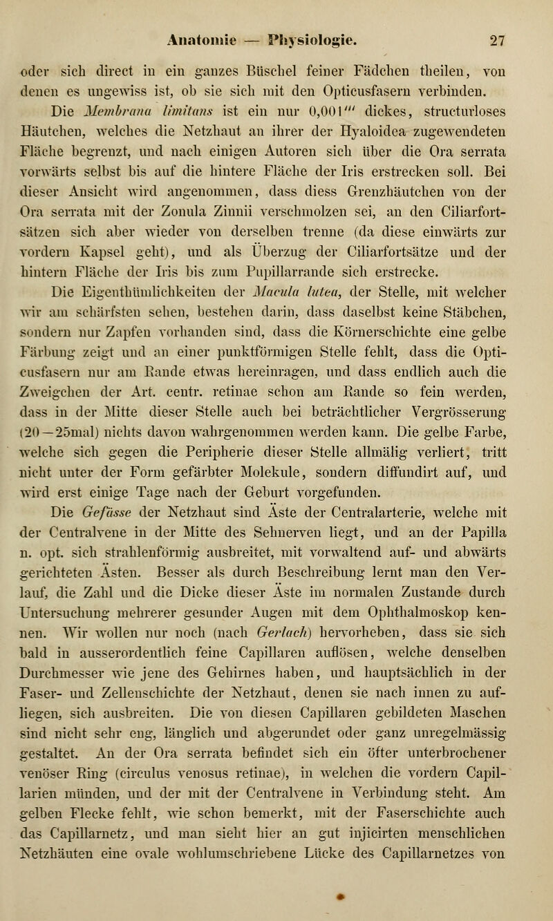 oder sich direct in ein ganzes Büschel feiner Fädehen theilen, von denen es angewiss ist, ob sie sich mit den Opticusfasern verbinden. Die Membrana limitans ist ein nur 0,001' dickes, strukturloses Häutehen, welches die Netzhaut an ihrer der Hyaloidea zugewendeten Fläche begrenzt, und nach einigen Autoren sich über die Ora serrata vorwärts selbst bis auf die hintere Fläche der Iris erstrecken soll. Bei dieser Ansicht wird angenommen, dass diess Grenzhäutchen von der Ora serrata mit der Zonula Zinnii verschmolzen sei, an den Ciliarfort- sätzen sich aber wieder von derselben trenne (da diese einwärts zur vordem Kapsel geht), und als Überzug der Ciliarfortsätze und der hintern Fläche der Iris bis zum Pupillarrande sich erstrecke. Die Eigentümlichkeiten der Macula lutea, der Stelle, mit welcher wir am schärfsten sehen, bestehen darin, dass daselbst keine Stäbchen, sondern nur Zapfen vorhanden sind, dass die Körnerschichte eine gelbe Färbimg zeigt und an einer punktförmigen Stelle fehlt, dass die Opti- cusfasern nur am Bande etwas hereinragen, und dass endlich auch die Zweigeheu der Art. centr. retinae schon am Rande so fein werden, dass in der Mitte dieser Stelle auch bei beträchtlicher Vergrößerung (20 —25mal) nichts davon wahrgenommen werden kann. Die gelbe Farbe, welche sich gegen die Peripherie dieser Stelle allmälig verliert, tritt nicht unter der Form gefärbter Moleküle, sondern diffundirt auf, und wird erst einige Tage nach der Geburt vorgefunden. Die Gefässe der Netzhaut sind Äste der Centralarterie, welche mit der Centralvene in der Mitte des Sehnerven liegt, und an der Papilla n. opt. sich strahlenförmig ausbreitet, mit vorwaltend auf- und abwärts gerichteten Asten. Besser als durch Beschreibung lernt man den Ver- lauf, die Zahl und die Dicke dieser Äste im normalen Zustande durch Untersuchung mehrerer gesunder Augen mit dem Ophthalmoskop ken- nen. Wir wollen nur noch (nach Gerlach) hervorheben, dass sie sich bald in ausserordentlich feine Capillaren auflösen, welche denselben Durchmesser wie jene des Gehirnes haben, und hauptsächlich in der Faser- und Zellenschichte der Netzhaut, denen sie nach innen zu auf- liegen, sich ausbreiten. Die von diesen Capillaren gebildeten Maschen sind nicht sehr eng, länglich und abgerundet oder ganz unregelmässig gestaltet. An der Ora serrata befindet sich ein öfter unterbrochener venöser Bing (circulus venosus retinae), in welchen die vordem Capil- larien münden, und der mit der Centralvene in Verbindung steht. Am gelben Flecke fehlt, wie schon bemerkt, mit der Faserschichte auch das Capillarnetz, und man sieht hier an gut injicirten menschlichen Netzhäuten eine ovale wohlumschriebene Lücke des Capillarnetzes von