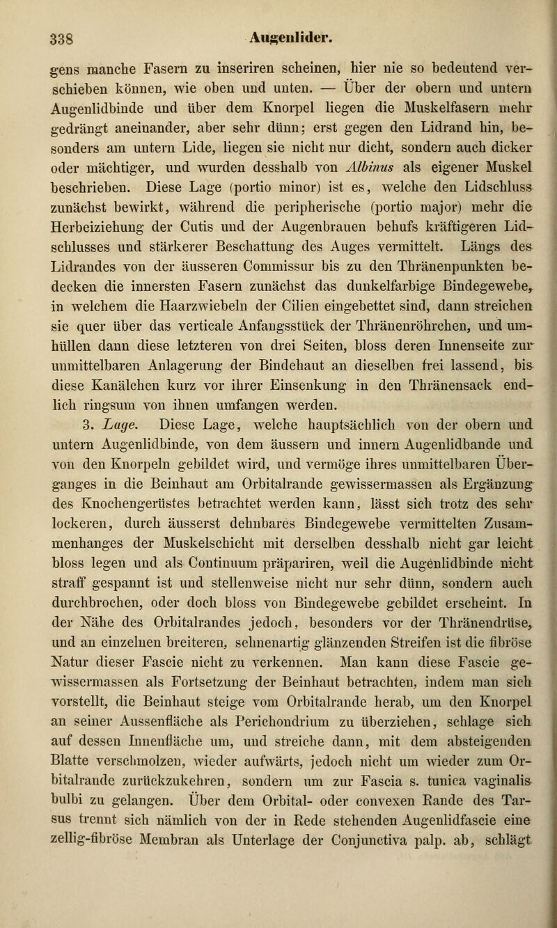 gens manche Fasern zu inseriren scheinen, hier nie so bedeutend ver- schieben können, wie oben und unten. — Über der obern und untern Augenlidbinde und über dem Knorpel liegen die Muskelfasern mehr gedrängt aneinander, aber sehr dünn; erst gegen den Lidrand hin, be- sonders am untern Lide, liegen sie nicht nur dicht, sondern auch dicker oder mächtiger, und wurden desshalb von Albinus als eigener Muskel beschrieben. Diese Lage (portio minor) ist es, welche den Lidschluss zunächst bewirkt, während die peripherische (portio major) mehr die Herbeiziehung der Cutis und der Augenbrauen behufs kräftigeren Lid- schlusses und stärkerer Beschattung des Auges vermittelt. Längs des Lidrandes von der äusseren Commissur bis zu den Thränenpunkten be- decken die innersten Fasern zunächst das dunkelfarbige Bindegewebe, in welchem die Haarzwiebeln der Cilien eingebettet sind, dann streichen sie quer über das verticale Anfangsstück der Thränenröhrchen, und um- hüllen dann diese letzteren von drei Seiten, bloss deren Innenseite zur unmittelbaren Anlagerung der Bindehaut an dieselben frei lassend, bis diese Kanälchen kurz vor ihrer Einsenkung in den Thränensack end- lich ringsum von ihnen umfangen werden. 3. Lage. Diese Lage, welche hauptsächlich von der obern und untern Augenlidbinde, von dem äussern und innern Augenlidbande und von den Knorpeln gebildet wird, und vermöge ihres unmittelbaren Über- ganges in die Beinhaut am Orbitalrande gewissermassen als Ergänzung des Knochengerüstes betrachtet werden kann, lässt sich trotz des sehr lockeren, durch äusserst dehnbares Bindegewebe vermittelten Zusam- menhanges der Muskelschicht mit derselben desshalb nicht gar leicht bloss legen und als Continuum präpariren, weil die Augenlidbinde nicht straff gespannt ist und stellenweise nicht nur sehr dünn, sondern auch durchbrochen, oder doch bloss von Bindegewebe gebildet erscheint. In der Nähe des Orbitalrandes jedoch, besonders vor der Thränendrüse, und an einzelnen breiteren, sehnenartig glänzenden Streifen ist die fibröse Natur dieser Fascie nicht zu verkennen. Man kann diese Fascie ge- wissermassen als Fortsetzung der Beinhaut betrachten, indem man sich vorstellt, die Beinhaut steige vom Orbitalrande herab, um den Knorpel an seiner Aussenfläche als Perichondrium zu überziehen, schlage sich auf dessen Innenfläche um, und streiche dann, mit dem absteigenden Blatte verschmolzen, wieder aufwärts, jedoch nicht um wieder zum Or- bitalrande zurückzukehren, sondern um zur Fascia s. tunica vaginalis- bulbi zu gelangen. Über dem Orbital- oder convexen Rande des Tar- sus trennt sich nämlich von der in Rede stehenden Augenlidfascie eine zellig-fibröse Membran als Unterlage der Conjunctiva palp. ab, schlägt