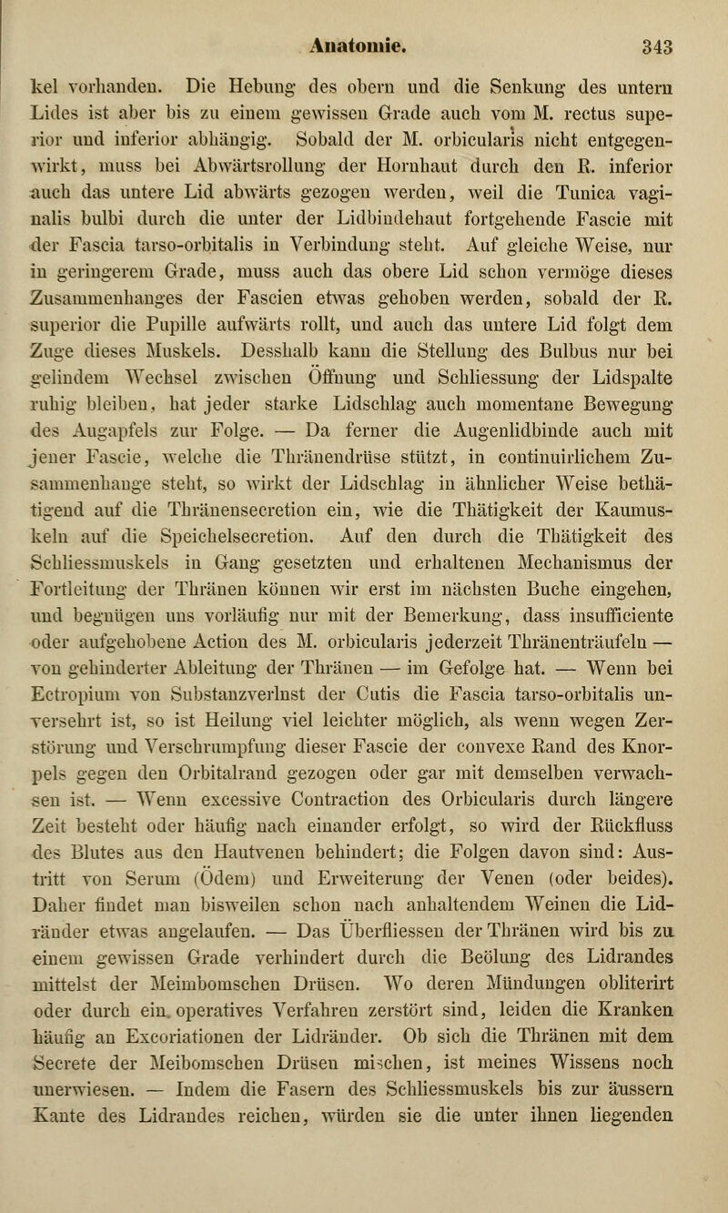 kel vorhanden. Die Hebung des obern und die Senkung- des untern Lides ist aber bis zu einem gewissen Grade auch vom M. rectus supe- rior und inferior abhängig. Sobald der M. orbicularis nicht entgegen- wirkt, muss bei Abwärtsrollung der Hornhaut durch den ß. inferior auch das untere Lid abwärts gezogen werden, weil die Tunica vagi- nalis bulbi durch die unter der Lidbindehaut fortgehende Fascie mit der Fascia tarso-orbitalis in Verbindung steht. Auf gleiche Weise, nur in geringerem Grade, muss auch das obere Lid schon vermöge dieses Zusammenhanges der Fascien etwas gehoben werden, sobald der E. superior die Pupille aufwärts rollt, und auch das untere Lid folgt dem Zuge dieses Muskels. Desshalb kann die Stellung des Bulbus nur bei gelindem Wechsel zwischen Öffnung und Schliessung der Lidspalte ruhig bleiben, hat jeder starke Lidschlag auch momentane Bewegung des Augapfels zur Folge. — Da ferner die Augenlidbinde auch mit jener Fascie, welche die Thränendrüse stützt, in continuirlichem Zu- sammenhange steht, so wirkt der Lidschlag in ähnlicher Weise bethä- tigend auf die Thränensecretion ein, wie die Thätigkeit der Kaumus- keln auf die Speichelsecretion. Auf den durch die Thätigkeit des Schliessmuskels in Gang gesetzten und erhaltenen Mechanismus der Fortleitung der Thränen können wir erst im nächsten Buche eingehen, und begnügen uns vorläufig nur mit der Bemerkung, dass insufficiente oder aufgehobene Action des M. orbicularis jederzeit Thränenträufeln — von gehinderter Ableitung der Thränen — im Gefolge hat. — Wenn bei Ectropium von Substanzverlnst der Cutis die Fascia tarso-orbitalis un- versehrt ist, so ist Heilung viel leichter möglich, als wenn wegen Zer- störung und Verschrumpfung dieser Fascie der convexe Rand des Knor- pels gegen den Orbitalrand gezogen oder gar mit demselben verwach- sen ist. — Wenn excessive Contraction des Orbicularis durch längere Zeit besteht oder häufig nach einander erfolgt, so wird der Eückfluss des Blutes aus den Hautvenen behindert; die Folgen davon sind: Aus- tritt von Serum (Odern) und Erweiterung der Venen (oder beides). Daher findet man bisweilen schon nach anhaltendem Weinen die Lid- ränder etwas angelaufen. — Das Überfliessen der Thränen wird bis zu einem gewissen Grade verhindert durch die Beölung des Lidrandes mittelst der Meimbomschen Drüsen. Wo deren Mündungen obliterirt oder durch ein, operatives Verfahren zerstört sind, leiden die Kranken häufig an Excoriationen der Lidränder. Ob sich die Thränen mit dem Secrete der Meibomschen Drüseu mischen, ist meines Wissens noch unerwiesen. — Indem die Fasern des Schliessmuskels bis zur äussern Kante des Lidrandes reichen, würden sie die unter ihnen liegenden