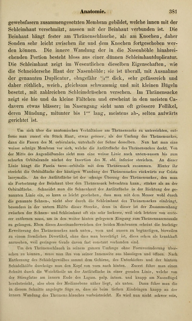 gewebsfasern zusammengesetzten Membran gebildet, welche innen mit der Schleimhaut verschmilzt, aussen mit der Beinhaut verbunden ist. Die Beinhaut hängt fester am Thränenschlauche, als am Knochen, daher Sonden sehr leicht zwischen ihr und dem Knochen fortgeschoben wer- den können. Die innere Wandung der in die Nasenhöhle hinabrei- chenden Portion besteht bloss aus einer dünnen Schleimhautduplicatur. Die Schleimhaut zeigt im Wesentlichen dieselben Eigenschaften, wie die Schneidersche Haut der Nasenhöhle; sie ist überall, mit Ausnahme der genannten Ehrplicatur, ohngefähr -'/a' dick, sehr gefässreich und daher röthlich, weich, gleichsam schwammig und mit kleinen Hügeln besetzt, mit zahlreichen Schleimdrüschen versehen. Im Thränensacke zeigt sie hie und da kleine Fältchen und erscheint in den meisten Ca- davern etwas blässer; im Nasengang sieht man oft grössere Follikel, deren Mündung, mitunter bis V lang, meistens ab-, selten aufwärts gerichtet ist. Um sich über die anatomischen Verhältnisse am Thränensacke zu unterrichten, ent- ferne man zuerst ein Stück Haut, etwas grösser, als der Umfang des Thränensackes, dann die Fasern des M. orbicularis, unterhalb der Sehne desselben. Nun hat man eine •weisse sehnige Membran vor sich, welche die Antlitzfläche des Thränensackes deckt. Von der Mitte des Augenlidbandes sieht man eine weisse Linie nach unten-aussen bis zum scharfen Orbitalrande nächst der Insertion des M. obl. inferior streichen. An dieser Linie hängt die Fascia tarso - orbitalis mit dem Thränensack zusammen. Hinter ihr streicht die Orbitalfläche der häutigen Wandung des Thränensackes rückwärts zur Crista lacrimalis. An der Antlitzfläche ist der sehnige Überzug des Thränensackes, den man als Fortsetzung der Beinhaut über den Thränensack betrachten kann, stärker als an der Orbitalfläche. Schneidet man die Sehnenhaut der Antlitzfläche in der Richtung der ge- nannten Linie ein, so kann es leicht geschehen, dass man mit dem Messer wohl durch die genannte Sehnen-, nicht aber durch die Schleimhaut des Thränensackes eindringt, besonders in der untern Hälfte dieser Strecke, denn in dieser ist der Zusammenhang zwischen der Sehnen- und Schleimhaut oft ein sehr lockerer, weil sich letztere von erste- rer entfernen muss, um in den weiter hinten gelegenen Eingang zum Thränennasencanale zu gelangen. Eben dieses Auseinanderweichen der beiden Membranen scheint die buchtige Erweiterung des Thränensackes nach unten, vom und aussen zu begünstigen, bisweilen zu einem förmlichen Divertikel, ohne dass man berechtigt ist, diess schon als krankhaft anzusehen, weil geringere Grade davon fast constant vorhanden sind. Um den Thränenschlauch in seinem ganzen Umfange ohne Formveränderung über- sehen zu können, muss man ihn von seiner Innenseite aus biossiegen und öffnen. Nach Entfernung des Schädelgewölbes sammt dem Gehirne, des Unterkiefers und der hintern Schädelhälfte durchsäge man den Kopf von vorn nach hinten. Zuerst führe man einen Schnitt durch die Weichtheile an der Antlitzfläche in einer geraden Linie, welche von der Stirnglatze am innern Ende des Ligam. palp. intern, und knapp am Nasenflügel herabstreicht, also oben der Median ebene näher liegt, als unten. Dann führe man die in diesem Schnitte angelegte Säge so, dass sie beim tiefern Eindringen knapp an der innern Wandung des Thränens.hlauches vorbeistreicht. Es wird nun nicht schwer sein,