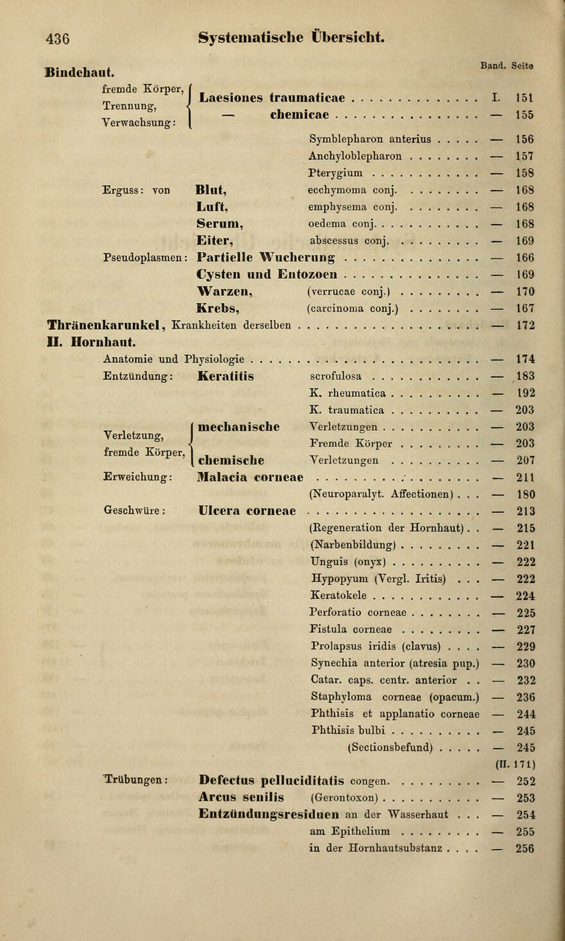 _-. . . . Band. Seite Bindehaut. fremde Körper, ( . m Laesiones traumatieae I. 151 Trennung, < ,T — cheinicae — 155 Verwachsung: [ Symblepharon anterius — 156 Anchyloblepharon — 157 Pterygium — 158 Erguss: von Blut, ecehymoma conj — 168 Luft, emphysenia conj — 168 Serum, oedema conj — 168 Eiter, abscessus conj — 169 Pseudoplasmen: Partielle Wucherung — 166 Cysten und Entozoen — 169 Warzen, (Verrucae conj.) — 170 Krebs, (Carcinoma conj.) — 167 Thrünenkarunkel, Krankheiten derselben — 172 II. Hornhaut. Anatomie und Physiologie — 174 Entzündung: Keratitis scrofulosa — 183 K. rheumatica — 192 K. traumatica — 203 ,r , ( mechanische Verletzungen — 203 VerletZUDg' Fremde Körper - 203 fremde Körper, I , _ , [ chemische Verletzungen — 207 Erweichung: Malada corneae — 211 (Neuroparalyt. Affectionen) ... — 180 Geschwüre: Ulcera corneae — 213 (Regeneration der Hornhaut). . — 215 (Narbenbildung) — 221 Unguis (onyx) — 222 Hypopyum (Vergl. Iritis) ... — 222 Keratokele — 224 Perforatio corneae — 225 Fistula corneae — 227 Prolapsus iridis (clavus) .... — 229 Synechia anterior (atresia pup.) — 230 Catar. caps. centr. anterior . . — 232 Staphyloma corneae (opacum.) — 236 Phthisis et applanatio corneae — 244 Phthisis bulbi — 245 (Sectionsbefund) — 245 (II. 171) Trübungen: Defectus pelluciditatis congen — 252 Arcus senilis (Gerontoxon) — 253 Entzüudlingsresiduen an der Wasserhaut ... — 254 am Epithelium — 255 in der Hornhautsubstanz .... — 256