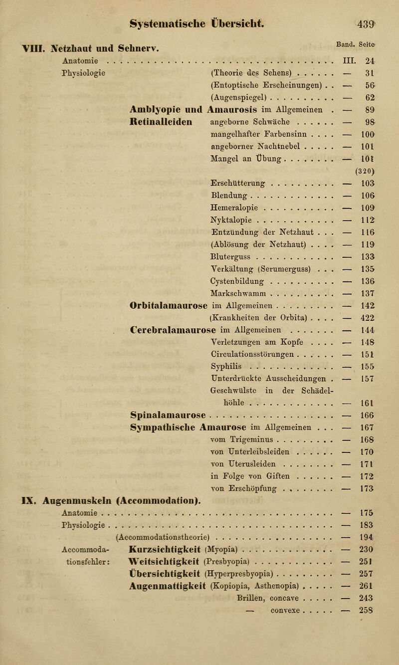VIII. Netzhaut und Sehnerv. Band' Seite Anatomie III. 24 Physiologie (Theorie des Sehens) — 31 (Entoptische Erscheinungen) . . — 56 (Augenspiegel) — 62 Amblyopie und Amaurosis im Allgemeinen . — 89 Retinalleiden angeborne Schwäche — 98- mangelhafter Farbensinn .... — 100 angeborner Nachtnebel — 101 Mangel an Übung — 10 t (320) Erschütterung — 103 Blendung — 106 Hemeralopie — 109 Nyktalopie — 112 Entzündung der Netzhaut ... — 116 (Ablösung der Netzhaut) .... — 119 Bluterguss — 133 Verkältung (Serumerguss) ... — 135 Cystenbildung — 136 Markschwamm — 137 Orbitalamaurose im Allgemeinen — 142 (Krankheiten der Orbita) .... — 422 Cerebralamaurose im Allgemeinen — 144 Verletzungen am Kopfe .... — 148 Circulationsstörungen — 151 Syphilis — 155 Unterdrückte Ausscheidungen . — 157 Geschwülste in der Schädel- höhle — 16 t Spinalamaurose — 166 Sympathische Amaurose im Allgemeinen ... — 167 vom Trigeminus — 168 von Unterleibsleiden ...... — 170 von Uterusleiden — 171 in Folge von Giften — 172 von Erschöpfung — 173 IX. Augenmuskeln (Acconimodation). Anatomie — 175 Physiologie — 183 (Accommodationstheorie) — 194 Accommoda- Kurzsichtigkeit (Myopia) — 230 tionsfehler: Weitsichtigkeit (Presbyopia) — 251 Übersichtigkeit (Hyperpresbyopia) — 257 Augenmattigkeit (Kopiopia, Asthenopia) — 261 Brillen, concave — 243 — convexe — 258