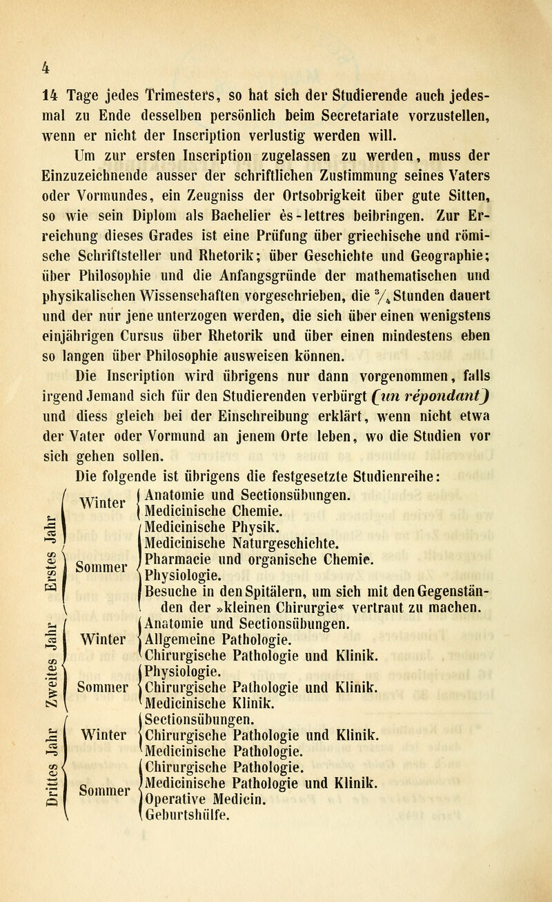 14 Tage jedes Trimesters, so hat sich der Studierende auch jedes- mal zu Ende desselben persönlich beim Secretariate vorzustellen, wenn er nicht der Inscription verlustig werden will. Um zur ersten Inscription zugelassen zu werden, muss der Einzuzeichnende ausser der schriftlichen Zustimmung seines Vaters oder Vormundes, ein Zeugniss der Ortsobrigkeit über gute Sitten, so wie sein Diplom als Bachelier es-lettres beibringen. Zur Er- reichung dieses Grades ist eine Prüfung über griechische und römi- sche Schriftsteller und Rhetorik; über Geschichte und Geographie; über Philosophie und die Anfangsgründe der mathematischen und physikalischen Wissenschaften vorgeschrieben, die y^ Stunden dauert und der nur jene unterzogen werden, die sich über einen wenigstens einjährigen Cursus über Rhetorik und über einen mindestens eben so langen über Philosophie ausweisen können. Die Inscription wird übrigens nur dann vorgenommen, falls irgend Jemand sich für den Studierenden verbürgt (^im repondantj und diess gleich bei der Einschreibung erklärt, wenn nicht etwa der Vater oder Vormund an jenem Orte leben, wo die Studien vor sich gehen sollen. Die folgende ist übrigens die festgesetzte Studienreihe: AVnfpr I Anatomie und Sectionsübungen. ^'^^^ (Medicinische Chemie. iMedicinische Physik. Medicinische Naturgeschichte. Pharmacie und organische Chemie. Physiologie. Besuche in den Spitälern, um sich mit den Gegenstän- den der »kleinen Chirurgie« vertraut zu machen. ! Anatomie und Sectionsübungen. Allgemeine Pathologie. Chirurgische Pathologie und Klinik. {Physiologie. Chirurgische Pathologie und Klinik. -- \ Medicinische Klinik. (Sectionsübungen. Winter {Chirurgische Pathologie und Klinik. 'Medicinische Pathologie. i Chirurgische Pathologie. Medicinische Pathologie und Klinik. Operative Medicin. Geburtshiilfe.