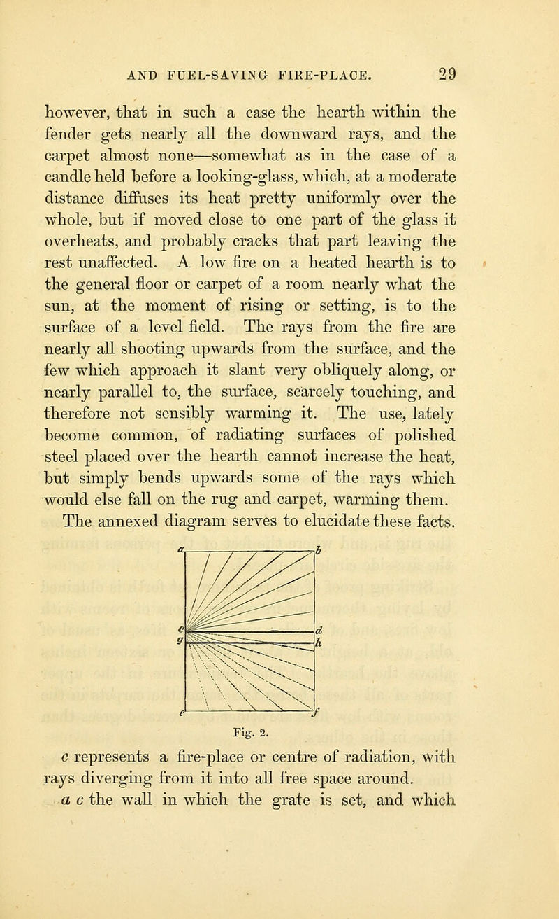 however, that in such a case the hearth within the fender gets nearly all the downward rays, and the carpet almost none—somewhat as in the case of a candle held before a looking-glass, which, at a moderate distance diffuses its heat pretty uniformly over the whole, but if moved close to one part of the glass it overheats, and probably cracks that part leaving the rest unaffected. A low fire on a heated hearth is to the general floor or carpet of a room nearly what the sun, at the moment of rising or setting, is to the surface of a level field. The rays from the fire are nearly all shooting upwards from the surface, and the few which approach it slant very obliquely along, or nearly parallel to, the surface, scarcely touching, and therefore not sensibly warming it. The use, lately become common, of radiating surfaces of pohshed steel placed over the hearth cannot increase the heat, but simply bends upwards some of the rays which would else fall on the rug and carpet, warming them. The annexed diagram serves to elucidate these facts. Fig. 2. c represents a fire-place or centre of radiation, with rays diverging from it into all free space around. a c the wall in which the grate is set, and which