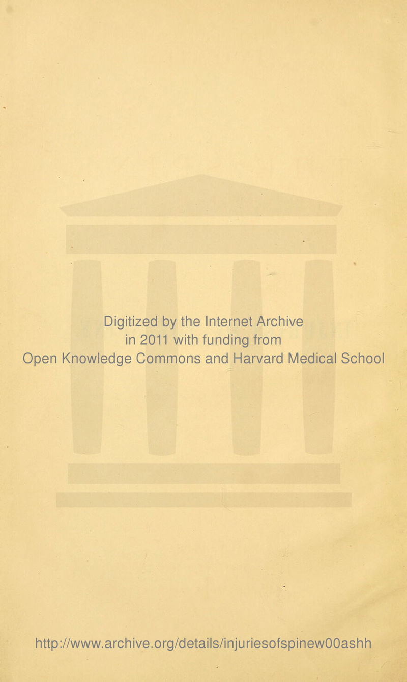 Digitized by the Internet Archive in 2011 with funding from Open Knowledge Commons and Harvard Medical School http://www.archive.org/details/injuriesofspinewOOashh