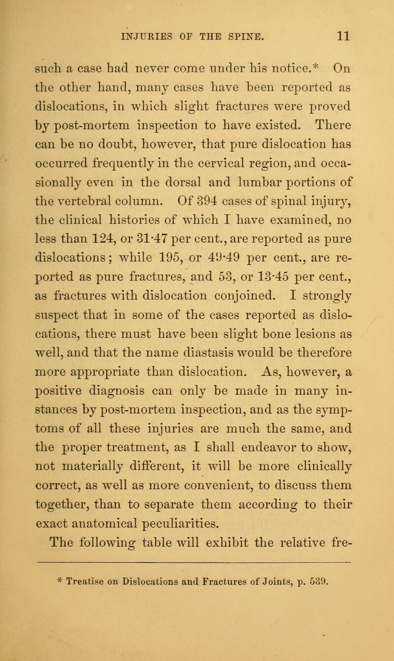 such a case had never come -ander his notice.* On the other hand, many cases have been reported as dislocations, in which slight fractures were proved by post-mortem inspection to have existed. There can be no doubt, however, that pure dislocation has occurred frequently in the cervical region, and occa- sionally even in the dorsal and lumbar portions of the vertebral column. Of 394 cases of spinal injury, the clinical histories of which I have examined, no less than 124, or 31-47 per cent., are reported as pure dislocations; while 195, or 49-49 per cent., are re- ported as pure fractures, and 53, or 13-45 per cent., as fractures with dislocation conjoined. I strongly suspect that in some of the cases reported as dislo- cations, there must have been slight bone lesions as well, and that the name diastasis would be therefore more appropriate than dislocation. As, however, a positive diagnosis can only be made in many in- stances by post-mortem inspection, and as the symp- toms of all these injuries are much the same, and the proper treatment, as I shall endeavor to show, not materially different, it will be more clinically correct, as well as more convenient, to discuss them together, than to separate them according to their exact anatomical peculiarities. The following table will exhibit the relative fre- * Treatise on Dislocations and Fractures of Joints, p. 539.