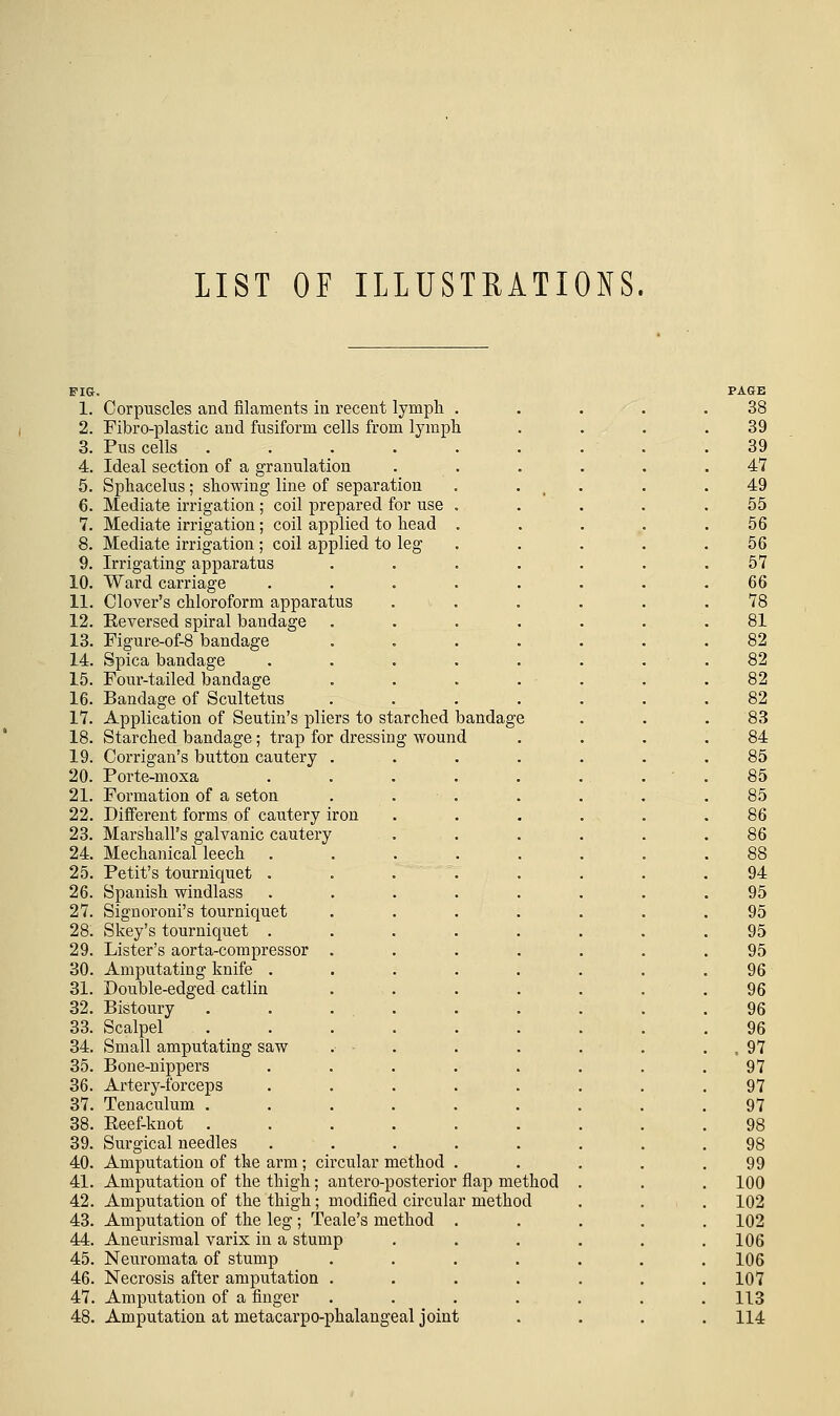 LIST OF ILLUSTRATIONS. FIG. 1. Corpuscles and filaments in recent lymph . 2. Fibro-plastic and fusiform cells from lymph 3. Pus cells .... 4. Ideal section of a granulation 5. Sphacelus ; showing line of separation 6. Mediate irrigation; coil prepared for use 7. Mediate irrigation; coil applied to head 8. Mediate irrigation ; coil applied to leg 9. Irrigating apparatus 10. Ward carriage 11. Clover's chloroform apparatus 12. Reversed spiral bandage 13. Figure-of-8 bandage 14. Spica bandage 15. Four-tailed bandage 16. Bandage of Scultetus 17. Application of Seutin's pliers to starched bandage 18. Starched bandage; trap for dressing wound 19. Corrigan's button cautery . 20. Porte-moxa 21. Formation of a seton 22. Different forms of cautery iron 23. Marshall's galvanic cautery 24. Mechanical leech 25. Petit's tourniquet . 26. Spanish windlass 27. iSignoroni's tourniquet 28. Skey's tourniquet . 29. Lister's aorta-compressor . 30. Amputating knife . 31. Double-edged catlin 32. Bistoury 33. Scalpel 34. Small amputating saw .■ • 35. Bone-nippers 36. Artery-forceps 37. Tenaculum . 38. Eeef-knot . 39. Surgical needles 40. Amputation of the arm; circular method 41. Amputation of the thigh; antero-posterior flap method 42. Amputation of the thigh; modified circular method 43. Amputation of the leg ; Teale's method 44. Aneurismal varix in a stump 45. Neuromata of stump 46. Necrosis after amputation . 47. Amputation of a finger 48. Amputation at metacarpo-phalangeal joint