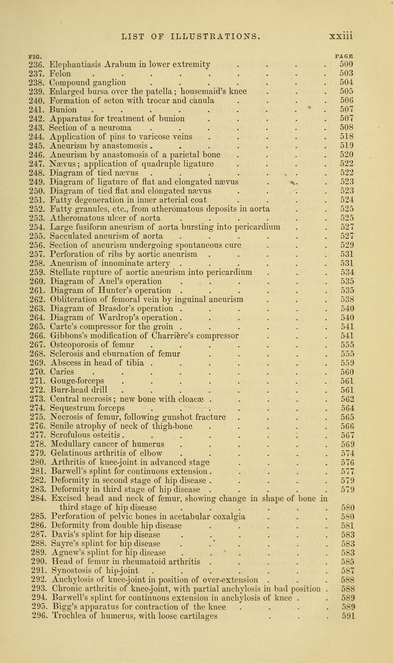 FIG. 236. Elephantiasis Arabum in lower extremity 237. Felon ...... 238. Compound ganglion .... 239. Enlarged bursa over the patella; housemaid's knee 240. Formation of setou with trocar and canula 241. Bunion .... 242. Apparatus for treatment of bunion 243. Section of a neuroma 244. Application of pins to varicose veins 245. Aneurism by anastomosis . 246. Aneurism by anastomosis of a parietal bone 247. Najvus ; application of quadruple ligature 248. Diagram of tied ntevus .... 249. Diagram of ligature of flat and elongated ntevus 250. Diagram of tied flat and elongated nasvus 251. Fatty degeneration in inner arterial coat 252. Fatty granules, etc., from atheromatous deposits in aorta 253. Atheromatous ulcer of aorta 254. Large fusiform aneurism of aorta bursting into pericardium 255. Sacculated aneurism of aorta 256. Section of aneurism undergoing spontaneous cure 257. Perforation of ribs by aortic aneurism 258. Aneurism of innominate artery . 259. Stellate rupture of aortic aneurism into pericardium 260. Diagram of Anel's operation 261. Diagram of Hunter's operation . 262. Obliteration of femoral vein by inguinal aneurism 263. Diagram of Brasdor's operation . 264. Diagram of War drop's operation . 265. Carte's compressor for the groin . 266. Gibbons's modification of Charrifere's compressor 267. Osteoporosis of femur .... 268. Sclerosis and eburnation of femur 269. Abscess in head of tibia .... 270. Caries ...... 271. Gouge-forceps ..... 272. Burr-head drill ..... 273. Central necrosis; new bone with cloacae . 274. Sequestrum forceps 275. Necrosis of femur, following gunshot fracture 276. Senile atrophy of neck of thigh-bone 277. Scrofulous osteitis..... 278. Medullary cancer of humerus 279. Gelatinous arthritis of elbow 280. Arthritis of knee-joint in advanced stage 281. Barwell's splint for continuous extension. 282. Deformity in second stage of hip disease . 283. Deformity in third stage of hip disease . 284. Excised head and neck of femur, showing change in shape of bone in third stage of hip disease 285. Perforation of pelvic bones in acetabular coxalgia 286. Deformity from double hip disease 287. Davis's splint for hip disease 288. Sayre's splint for hip disease 289. Agnew's splint for hip disease . .  . 290. Head of femur in rheumatoid arthritis . 291. Synostosis of hip-joint .... 292. Anchylosis of knee-joint in position of over-extension 293. Chronic arthritis of knee-joint, with partial anchylosis in bad position 294. Barwell's splint for continuous extension in anchylosis of knee 295. Bigg's apparatus for contraction of the knee 296. Trochlea of humerus, with loose cartilages PAGE 500 503 504 505 506 507 507 508 518 519 520 522 522 523 523 524 525 525 527 527 529 531 531 534 535 535 538 540 540 541 541 555 555 559 560 561 561 562 564 565 566 567 569 574 576 577 579 579 580 580 581 583 583 583 585 587 588 588 589 589 591