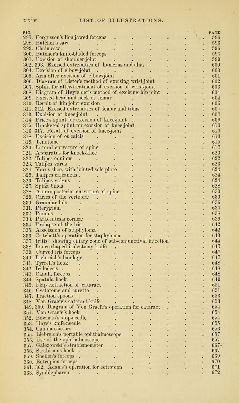 FIG. 297. Fergusson's lion-jawed forceps 298. Btitcher's saw 299. Chain saw. 300. Bntcher's knife-bladed forceps 301. Excision of shoulder-joint 302. 303. Excised extremities of humerus and ulna . 304. Excision of elbow-joint .... 305. Arm after excision of elbow-joint 306. Diagram of Lister's method of excising wrist-joint 307. Splint for after-treatment of excision of wrist-joint 308. Diagram of Heyfelder's method of excising hip-joint 309. Excised head and neck of femur . 310. Eesult of hip-joint excision 311. 312. Excised extremities of femur and tibia 313. Excision of knee-joint .... 314. Price's splint for excision of knee-joint . 315. Bracketed splint for excision of knee-joint 316. 317. Eesult of excision of knee-joint 318. Excision of os calcis .... 319. Tenotome ...... 320. Lateral curvature of spine 321. Appai-atus for knock-knee 322. Talipes equinus ..... 323. Talipes varus ..... 324. Varus shoe, with jointed sole-plate 325. Talipes calcaneus ..... 326. Talipes valgus ..... 327. Spina bifida ..... 328. Antero-posterior curvature of spine 329. Caries of the vertebras .... 330. Granular lids ..... 331. Pterygium ..... 332. Pannus ...... 333. Paracentesis cornese .... 334. Prolapse of the iris .... 335. Abscission of staphyloma 336. Ci'itchett's operation for staphyloma 337. Iritis; showing ciliary zone of sub-conjunctival injection 338. Lance-shaped iridectomy knife 339. Curved iris forceps .... 340. Liebreich's bandage 341. Tyn-ell's hook ..... 342. Iridodesis ...... 343. Canula forceps ..... 344. Spatula hook ..... 345. Flap extraction of cataract 346. Cystotome and curette .... 347. Traction spoons ..... 348. Von Graefe's cataract knife 349. 350. Diagram of Yon Graefe's operation for cataract 351. Von Graefe's hook .... 352. Bowman's stop-needle .... 353. Hays's knife-needle .... 354. Canula scissors . . ' . 355. Liebreich's portable ophthalmoscope 356. Use of the ophthalmoscope . . . 357. Galezowski's strabismometer 358. Strabismus hook ..... 359. Snellen's forceps ..... 360. Entropion forceps .... 361. 362. Adams's operation for ectropion 363. Symblepharon .....