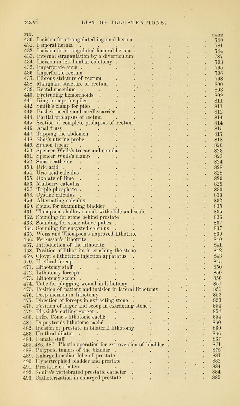 FIG. 430. Incision for strangulated inguinal hernia 431. Femoral hernia .... 432. Incision for strangulated femoral hernia . 433. Internal strangulation by a diverticulum 434. Incision in left lumbar colotomy 435. Imperforate anus . 436. Imperforate rectum 437. Fibrous stricture of rectum 438. Malignant stricture of rectum 439. Rectal speculum . 440. Protruding hemorrhoids . 441. Ring forceps for piles 442. Smith's clamp for piles 443. Bushe's needle and needle-carrier 444. Partial prolapsus of rectum 445. Section of complete prolapsus of rectum 446. Anal truss 447. Tapping the abdomen 448. Sims's uterine probe 449. Siphon trocar 450. Spencer Wells's trocar and canula 451. Spencer Wells's clamp 452. Sims's catheter 453. Uric acid . 454. Uric acid calculus 455. Oxalate of lime . 456. Mulberry calculus 457. Triple phosphate . 458. Cystine calculus . 459. Alternating calculus 460. Sound for examining bladder 461. Thompson's hollow sound, with slide and scale 462. Sounding for stone behind prostate 463. Sounding for stone above pubes . 464. Sounding for encysted calculus 465. Weiss and Thompson's improved lithotrite 466. Fergusson's lithotrite 467. Introduction of the lithotrite 468. Position of lithotrite in crushing the stone 469. Clover's lithotritic injection apparatus 470. Urethral forceps . 471. Lithotomy staff 472. Lithotomy forceps 473. Lithotomy scoop . 474. Tube for plugging wound in lithotomy 475. Position of patient and incision in lateral lithotomy 476. Deep incision in lithotomy 477. Direction of forceps in extracting stone 478. Position of finger and scoop in extracting stone 479. Physick's cutting gorget . 480. Frfere CSrae's lithotome cach6 481. Dupuytren's lithotome cache 482. Incision of prostate in bilateral lithotomy 483. Urethral dilator . 484. Female staff 485. 486, 487. Plastic operation for extroversion of bladder 488. Polypoid tumors of the bladder . 489. Enlarged median lobe of prostate 490. ITypertrophied bladder and prostate 491. Prostatic catheters 492. Squire's vertebrated prostatic catheter 493. Catheterization in enlarged prostate