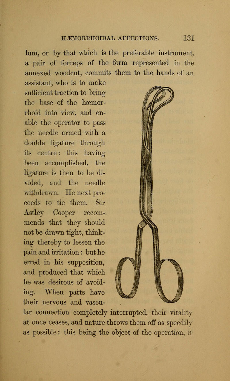 lum, or by that which is the preferable instrument, a pair of forceps of the form represented in the annexed woodcut, commits them to the hands of an assistant, who is to make sufficient traction to bring the base of the hsenior- rhoid into view, and en- able the operator to pass the needle armed with a double ligature through its centre: this having been accomplished, the ligature is then to be di- vided, and the needle withdrawn. He next pro- ceeds to tie them. Sir xlstley Cooper recom-. mends that they should not be drawn tight, think- ing thereby to lessen the pain and irritation: but he erred in his supposition, and produced that which he was desirous of avoid- ing. When parts have their nervous and vascu- lar connection completely interrupted, their vitality at once ceases, and nature throws them off as speedily as possible: this being the object of the operation, it