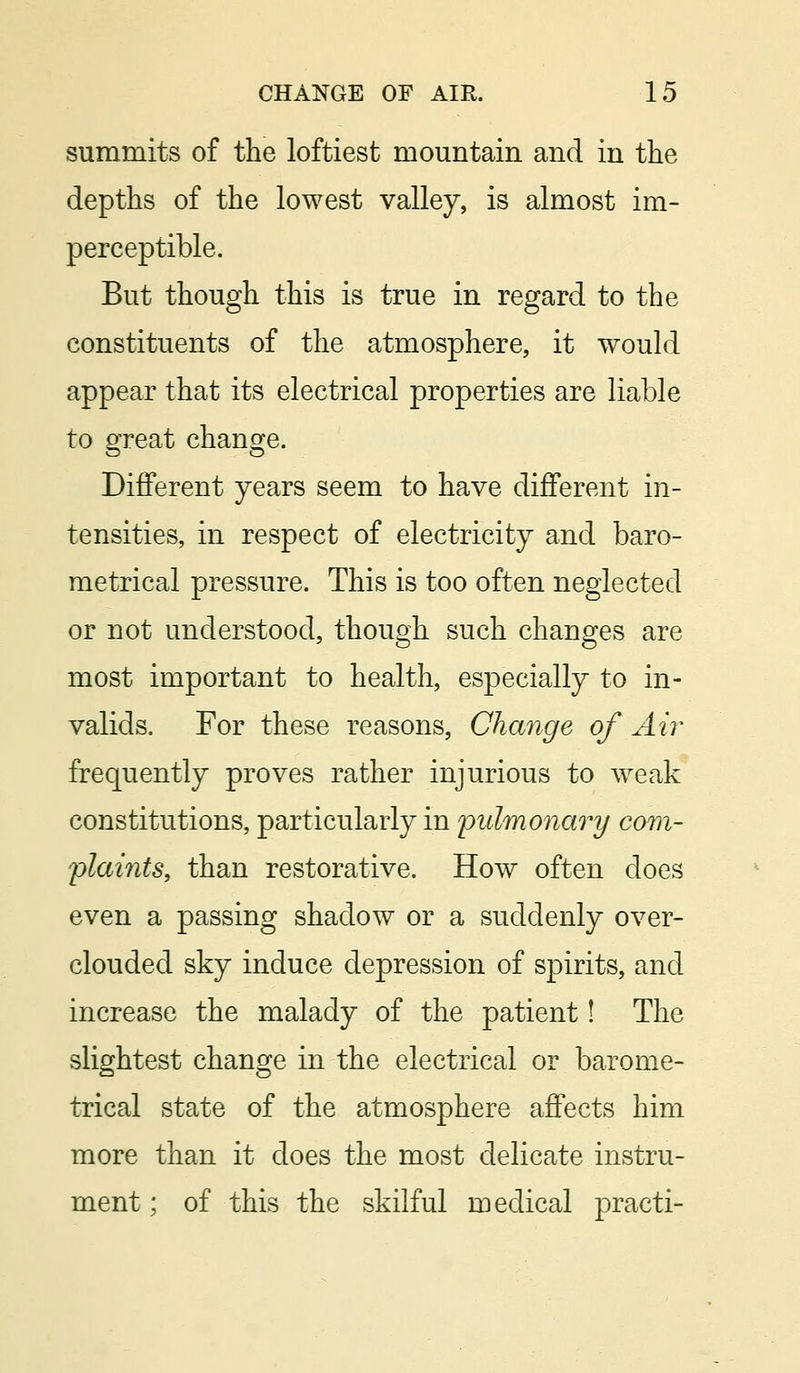 summits of the loftiest mountain and in the depths of the lowest valley, is almost im- perceptible. But though this is true in regard to the constituents of the atmosphere, it would appear that its electrical properties are liable to great change. Different years seem to have different in- tensities, in respect of electricity and baro- metrical pressure. This is too often neglected or not understood, though such changes are most important to health, especially to in- valids. For these reasons, Change of Air frequently proves rather injurious to weak constitutions, particularly in pulmonary com- plaints, than restorative. How often does even a passing shadow or a suddenly over- clouded sky induce depression of spirits, and increase the malady of the patient! The slightest change in the electrical or barome- trical state of the atmosphere affects him more than it does the most delicate instru- ment ; of this the skilful medical practi-