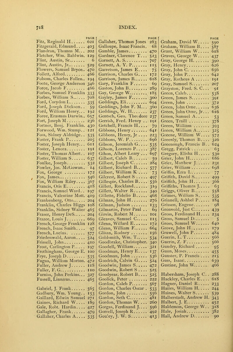 PAGE Fitz, Reginald H 621 Fitzgerald, Edmund. ... 403 Flandrau, Thomas M... 202 Fletcher, Wm. Baldwin. 129 Flint, Austin, Sr 6 Flint, Austin, Jr 529 Flowers, Samuel Bryce.. 470 Follelt, Alfred 466 Folsom, Charles Follen.. 194 Foote, George Anderson 346 Force, Jacob F 466 Forbes, Samuel Franklin 333 J'orbes, William S.... .. 708 Ford, Corydon L 335 Ford, Joseph Dickson.. 59 Ford, William Henry.. . 192 P'oree, Erasmus Darwin.. 657 Fort, Joseph M 236 Fortner, Benj. Franklin. 430 Forwood, Wm. Stump. . 121 Foss, Sidney Aidridge. . 535 Foster, Frank P 205 Foster, Joseph Henry.. . 611 Foster, Lenora 191 Foster, Thomas Albert. . 107 Foster, William S 637 Foulke, Joseph 532 Fowler, Jos. McGovvan.. 14 Fox, George 172 Fox, James 546 Fox, William Riley.... 367 Francis, Otis E 418 Francis, Samuel Ward. . 197 Francis, Valentine Mott. 419 Frankenberg, Otto 204 Franklin, Charles Higgs 108 Franklin, Sidney Walter 465 Eraser, Henry DeS 204 Frazee, Louis J 669 French, George Franklin 128 French, Isaac Smith. ... 97 French, Lucius 577 Friedenwald, Aaron. ... 524 Erissell, John 410 Frost, Carlington P 197 Frothingham, George E. 100 Frye, Joseph D 535 Fugua, William Morton. 472 Fuller, Andrew J 118 Fuller, F. G no Furniss, John Perkins... 327 Fussell, Linnaeus 465 Gabriel, J. Frank 565 Gadbury, Wm. Young. . 153 Gaillard, Edwin Samuel 271 Gaines, Richard W. . .. 189 Gale, Robt. Hardin.... 427 Gallagher, Frank 479 Gallaher, Charles A.. ., 535 PAGE Gallaher, Thomas Jones 283 Galloupe, Isaac Francis. 68 Gamble, James 470 Gardner, Clarence T. .. 523 Garnett, A. S 707 Garnett, A. Y. P 115 Garretson, James E. . .. 75 Garrison, Charles G..,. 172 Garrison, James B 618 Gary, Franklin F 69 Gaston, John B 289 Gay, George W .•,. 185 Gayley, James F 300 Geddings, Eli 694 Geddings, John F. M.. . 360 Geddings, VV. H 237 Gentsch, Geo. Thecdore 237 Gerrish, Fred. Henry . . 191 Getchell, Francis H.. .. 79 Gibbons, Henry 641 Gibbons, Henry, Jr . . .. 223 Gibbons, W. P 696 Gibson, Jeremiah G.... 535 Gibson, Lorenzo P 387 Gihon, Albert Leary .. . 697 Gilbert, Caleb B 59 Gilbeit, Joseph C 284 Gilbert, Richard B 577 Gilbert, William K 73 Gilcrest, Robert S 497 Gillespie, Charles B. . .. 556 Gillett, Rockland 319 Gillett, Walter R 340 Gillette, P^idelio B 468 Oilman, John H 276 Oilman, Judson 133 Gilmarlin, Peter Paul . . 69 Oirvin, Robert M loi Gleaves, Samuel C 115 Glenn, Willard E 172 Glenn, William F 664 Glisan, Rodney 156 Goldsmith, Wm. T 534 Goodbrake, Christopher. 340 Goodell, William 321 Goodman, Henry E. . .. 137 Goodman, John 536 Goodrich, Calvin G. . .. 524 Goodwin, James S 472 Goodwin, Robert S . . .. 525 Goodyear, Robert B.... 525 Goolick, Peter 222 Gordon, Caleb P 567 Gordon, Charles Oscar . 533 Gordon, John 556 Gordon, Seth C 481 Gordon, Thomas W. . .. 260 Gorgas, Ferdinand J.. . . 596 Gorrell, Joseph R 492 Gouley, J. W. S 413 PAGE Graham, David W 590 Graham, William B.. .. 587 Grant, William W 618 Graves, George W 437 Gray, George H 390 Gray, Henry 626 Gray, John C 656 Gray, John P 642 Gray, Rotheus A 191 Gray, Samuel S 207 Orayston, Fred. S. C. .. 91 Green, Caleb 53^ Green, James S 391 Green, John 372 Green, John Orne 636 Green, John Oine, Jr. . . 616 Green, Samuel A 53 Green, Traill 378 Green, William 393 Green, William A 325 Greene, William W. . .. 572 Greenly, Thomas B. . .. 326 Greenough, Francis B. . 624 Gregg, Patrick 63 Gregory, Elisha H 530 Grier, John H 686 Grier, Matthew J 231 Grier, William 698 Griffin, Ezra L 77 Griffith, David S 499 Griffith, John H 366 Griffiths, Thomas J 63 Griggs, Oliver B 558 Grimes, William S 535 Grinnell, Ashbel P 184 Grisson, Eugene 98 Gronvold, Just C 439 Gross, Ferdinand H. . .. 234 Gross, Samuel D 5 Gross, Samuel W 640 Grove, John H 179 Gruwell, John P 4S4 Guerin, L. T 566 Guerin, Z. F 566 Gundry, Richard 95 Gunn, Moses 455 Gunster, P. Francis .... 215 Guss, Isaac 639 Gustine, John W 466 Habersham, Joseph C. . 288 Hackley, Charles E 618 Hagner, Daniel R 233 Hailes, William H 244 Haines, Walter S 539 Halberstadt, Andrew H. 343 Halbert, J. E 452 Haldeman, George W. . 318 Hale, Josiah 382 Hall, Andrew D 90